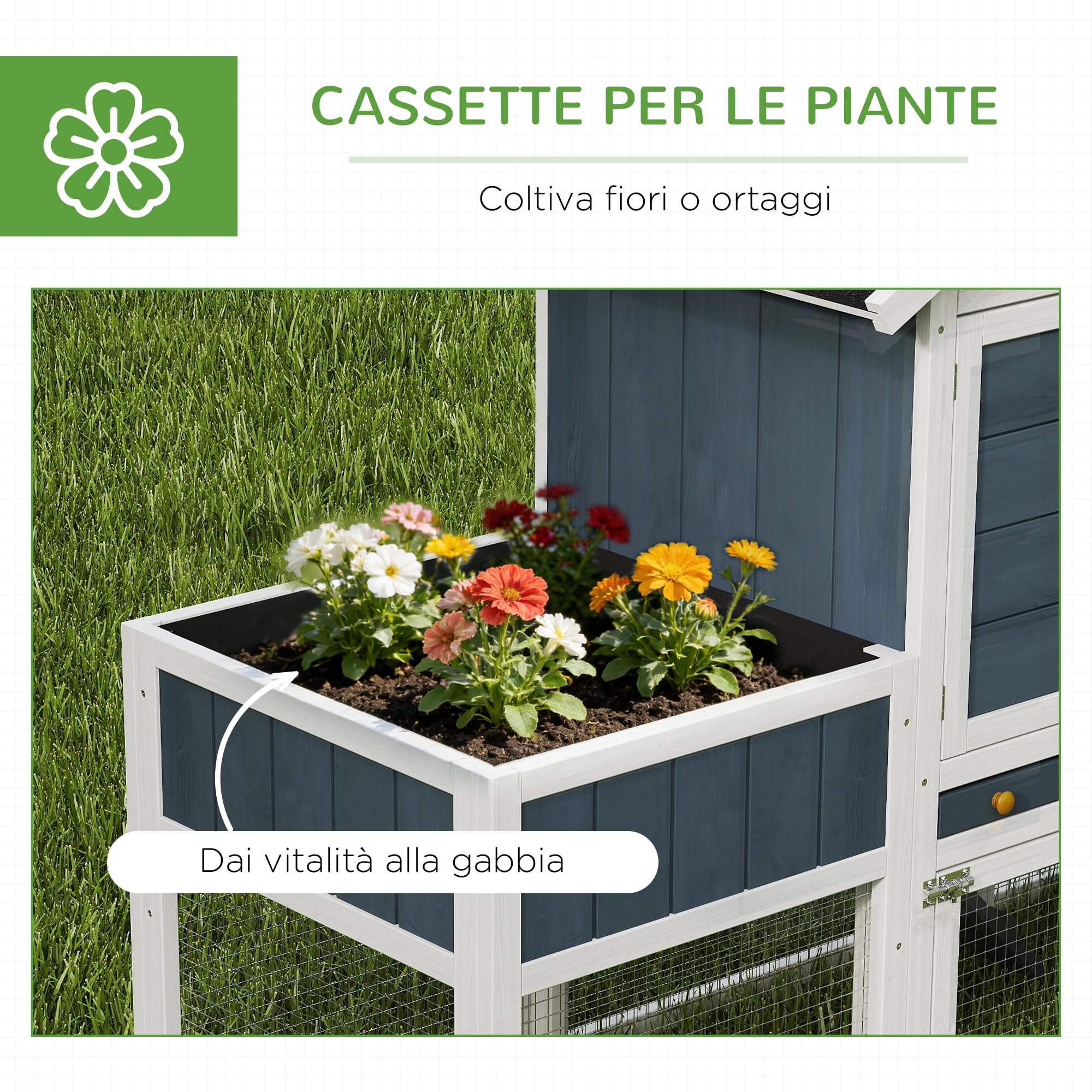 PawHut Pollaio Prefabbricato in Legno con Area Aperta, Pollaio per Galline da Esterno, Casetta per Galline e Nido per la Cova, Aiuola e Tetto in Asfalto, Grigio