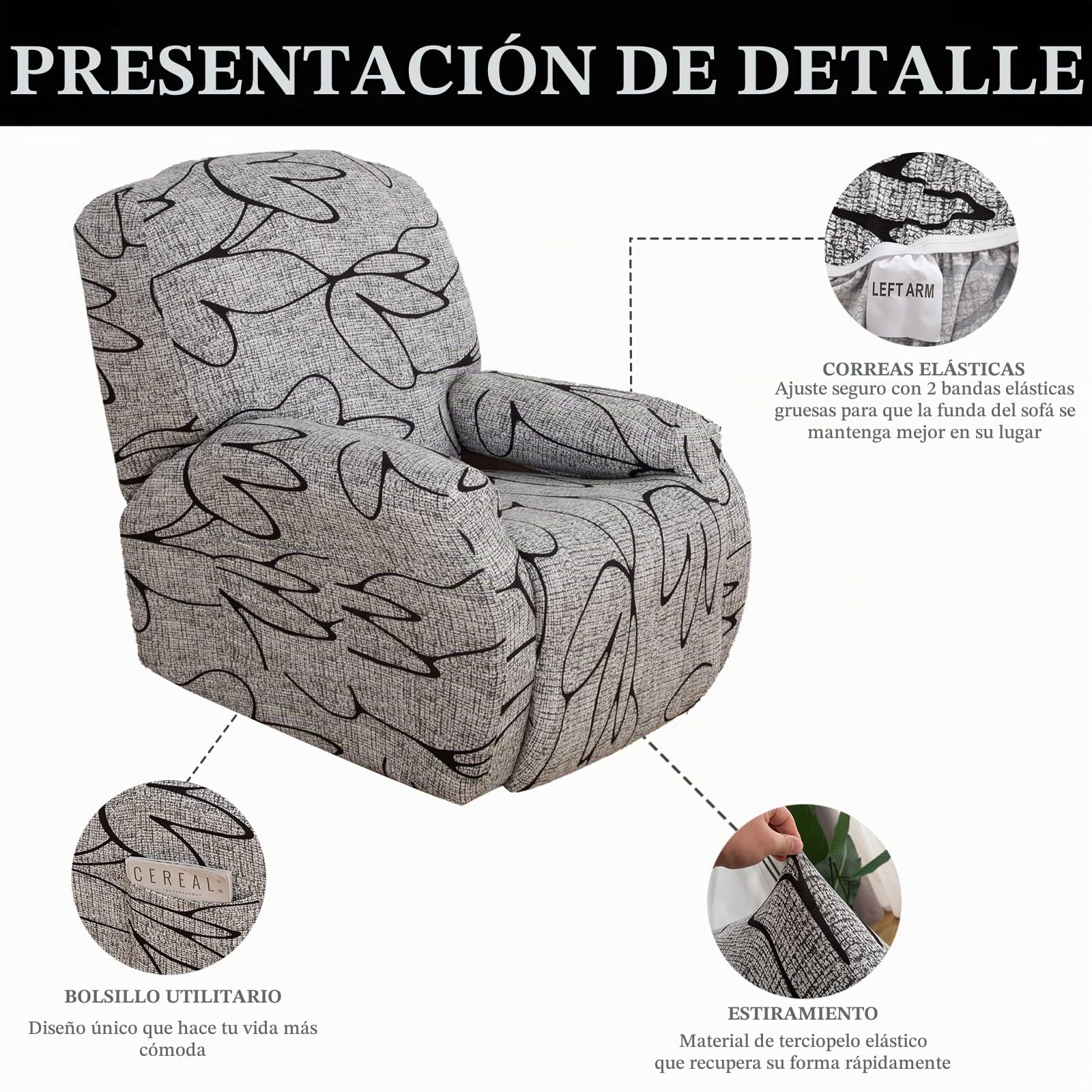 Jaotto Funda de Sillón Relax Elásticas, Fundas de Butacas Relax Reclinable Universal Ajustables, Cubiertas Protector para Sillón Relax con Bolsillos (Estilo Gris,1 Plaza)