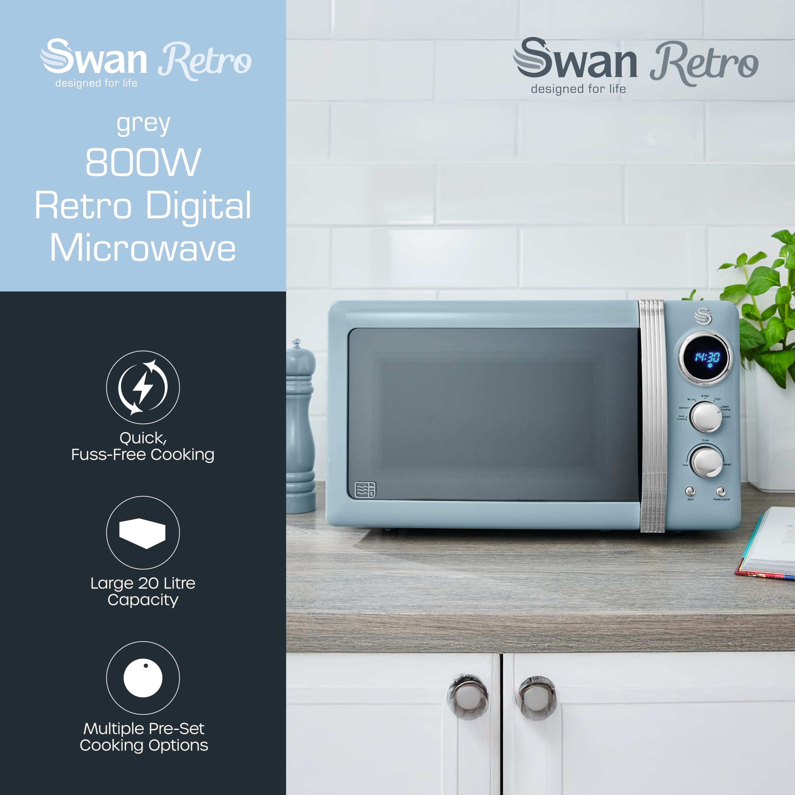 Swan Retro LED Digital Microwave Blue, 20L, 800W, 6 Power Levels Including Defrost Setting, SM22030LBLN - 3