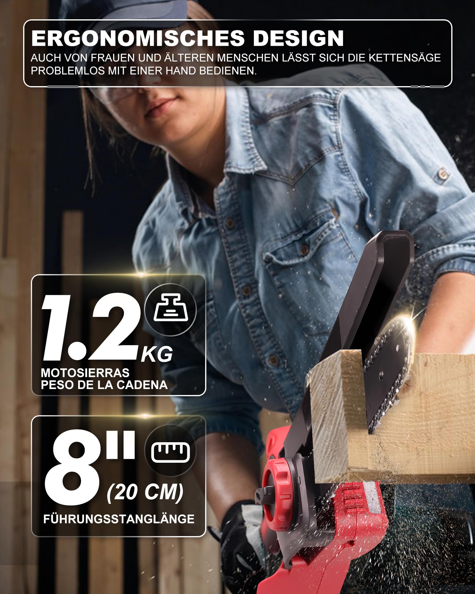 motosega a batteria da 8 pollici, mini motosega con lubrificazione automatica e catena di ricambio, senza fili, compatibile con Makita 、Einhell, batteria bosch da 18 V per giardino, legno, rami