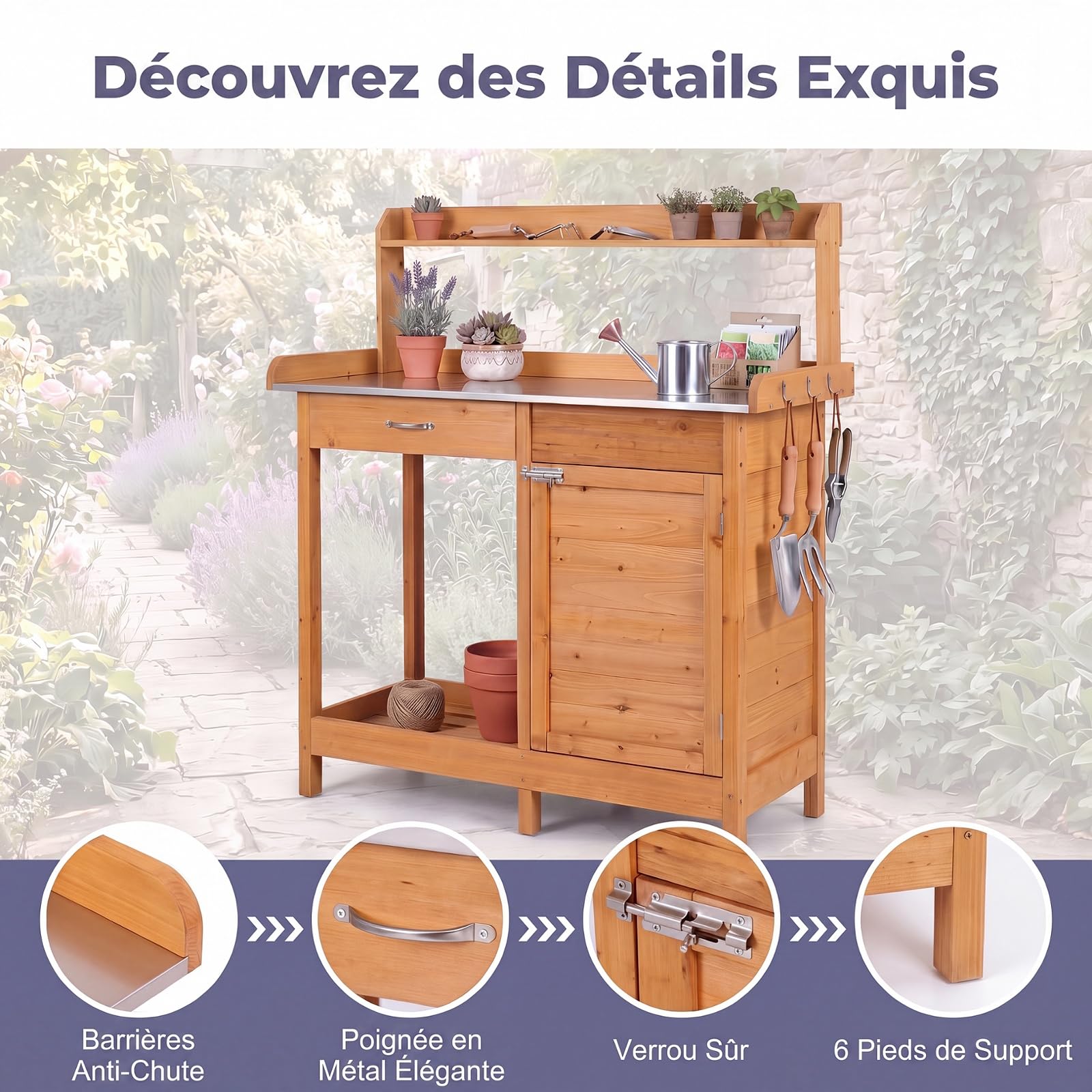 GYMAX Table de Rempotage Extérieur en Bois avec Plateau INOX (Jaune)