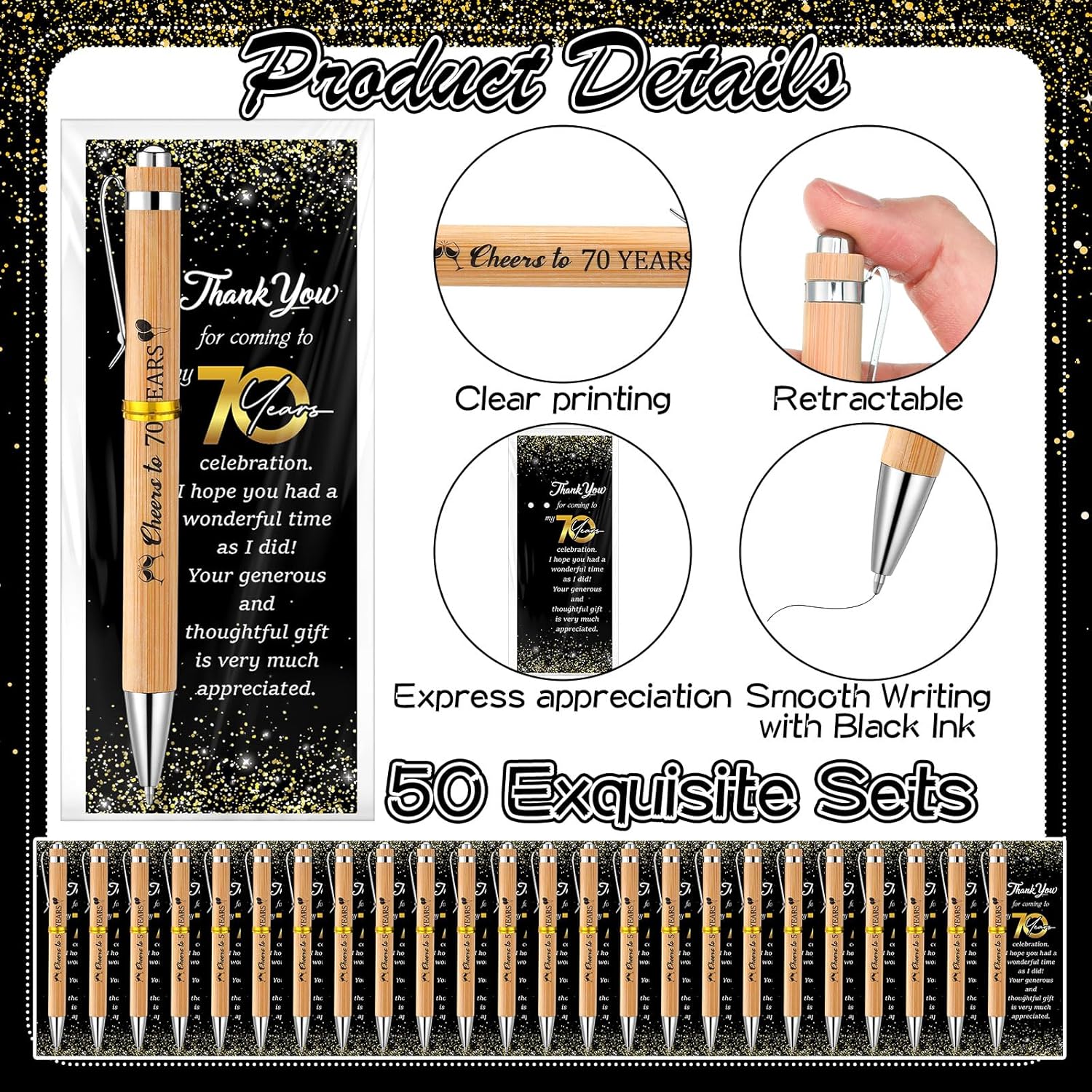 50 Sets 70th Birthday for Guests Anniversary Include 50 Ballpoint Pens with 50 Thank You Cards 100 Bags and Twist Ties for Anniversary Birthday Wedding Shower - Image 3