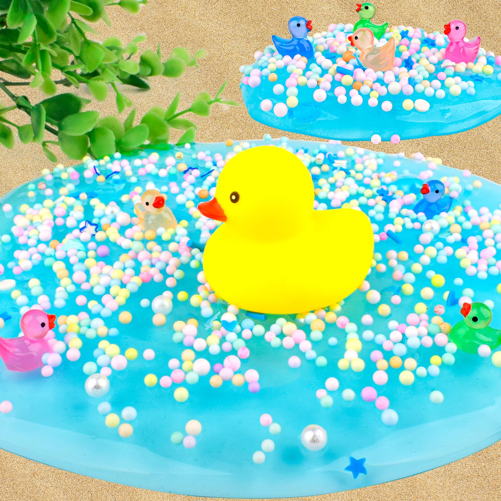 Blue Crystal Slime with Cute Yellow Ducks & Beads, Soft, Non-Sticky Sensory Toy with Foam Beads for Kids & Teens - Image 2