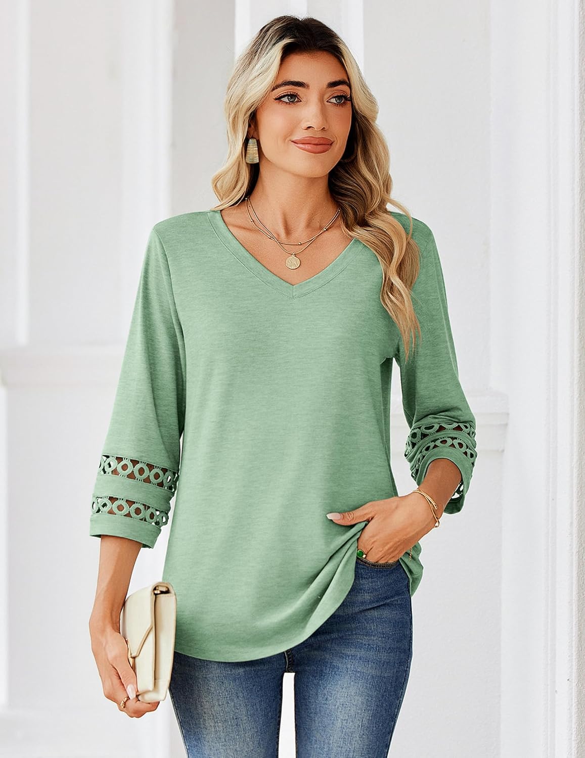 Zeagoo 3/4 Length Sleeve Womens Tops V Neck Dressy Casual Blouses Trendy Eyelet T Shirts Work Clothes S-XXL - Image 2