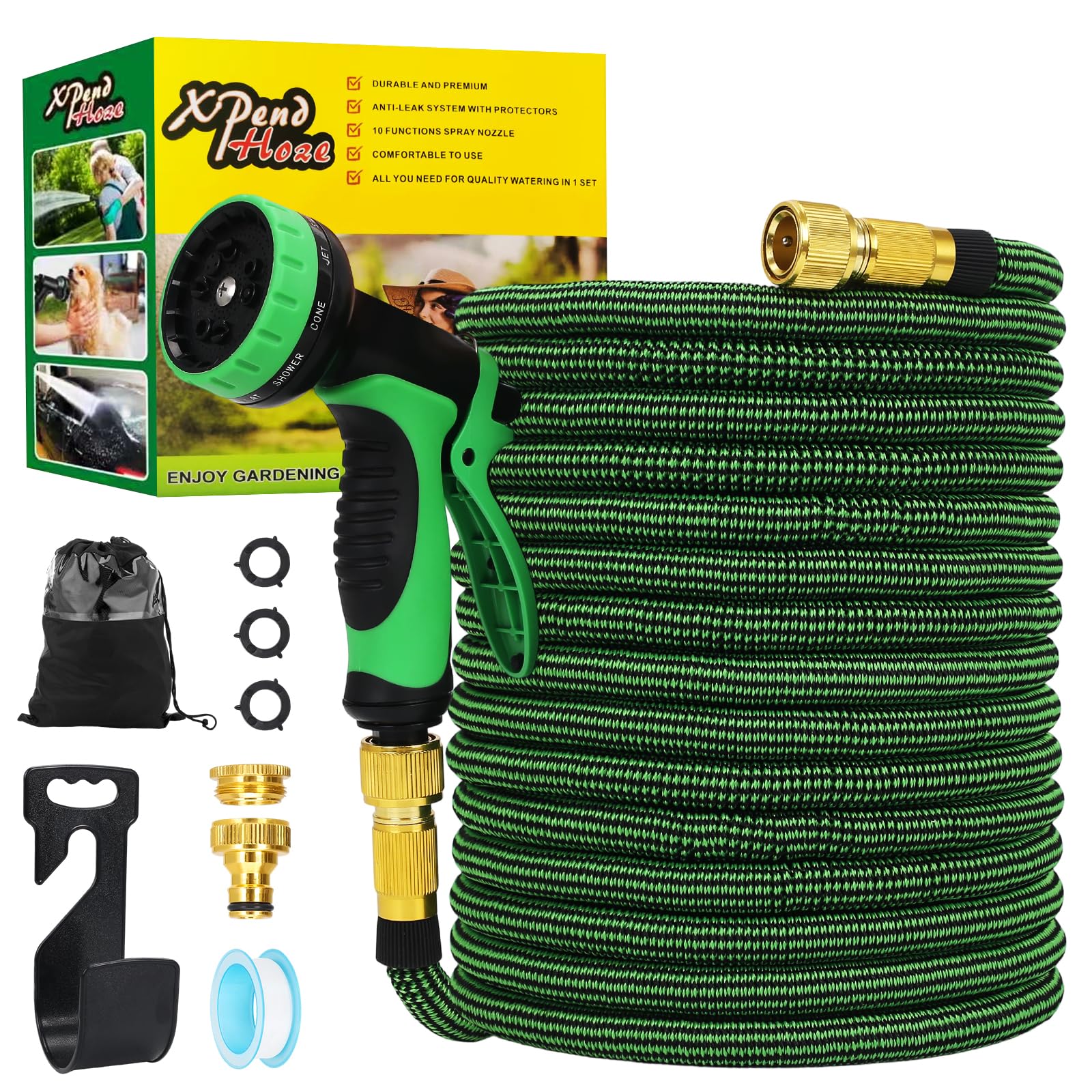 100FT/30M Expandable Garden Hose Pipe, Flexible Water Hose 3750D Fabric,10-Pattern Spray Nozzle, 1/2" & 3/4" Copper Connectors, No-Kinks,4-Layer Latex Core for Car Washing,Garden Watering(100FT)