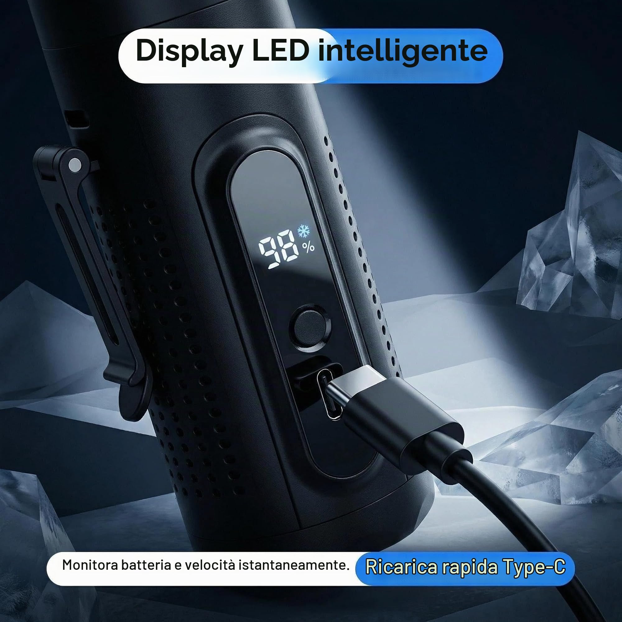 Mini Ventilatore Portatile 3 in 1 con Piastra Raffreddante, 5 Velocità, Display LED, USB-C, Clip, Supporto e Torcia, Ricaricabile per Viaggio Ufficio Campeggio Tascabile (Nero)