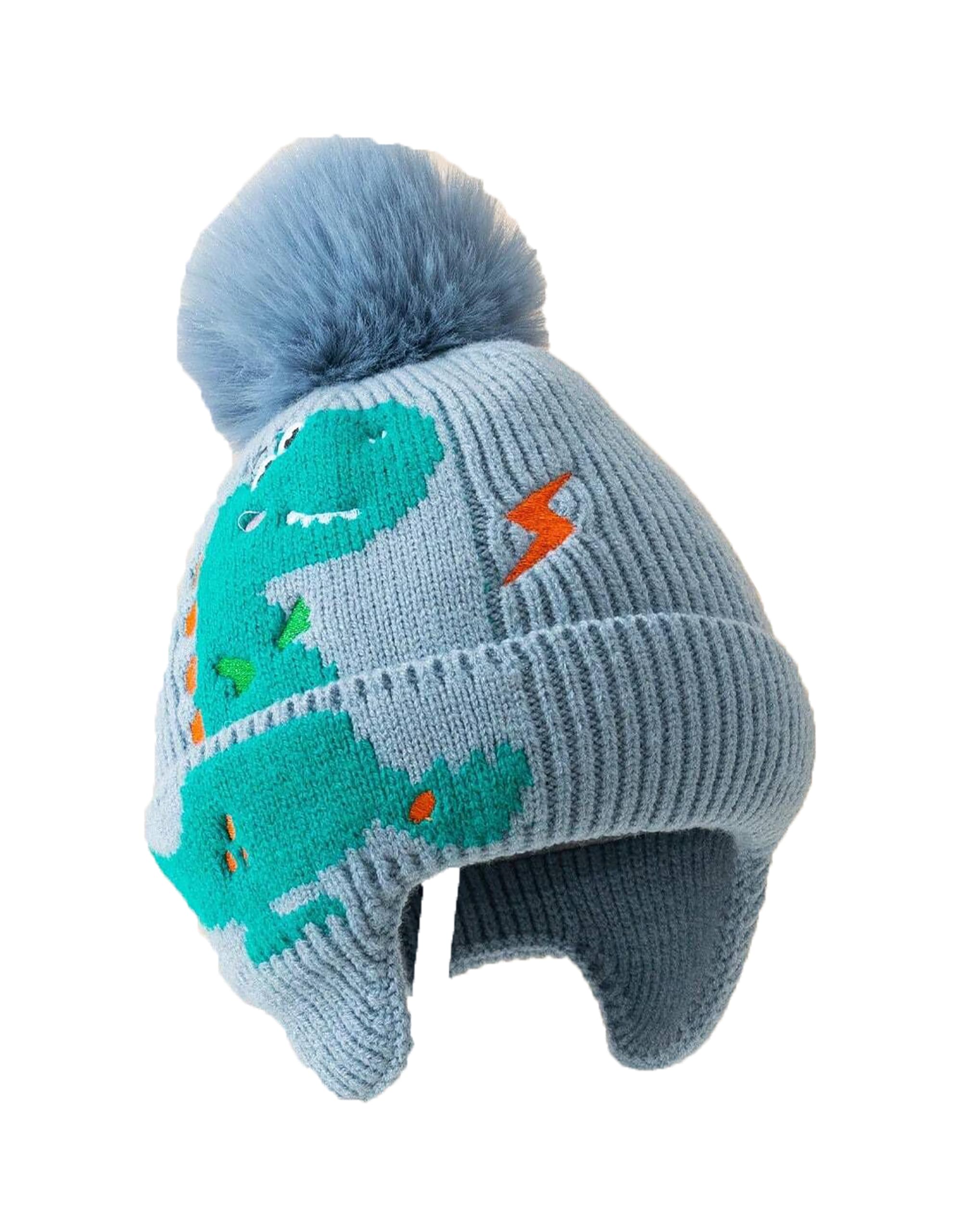 Adorazone Boy's & Girl's Super Warm Winter Woolen Skull Beanie Cap with Fur Inside | Cartoon Dinosaur Knitted Hat with Pompom (Age: 2 Years to 8 Years)-image-3