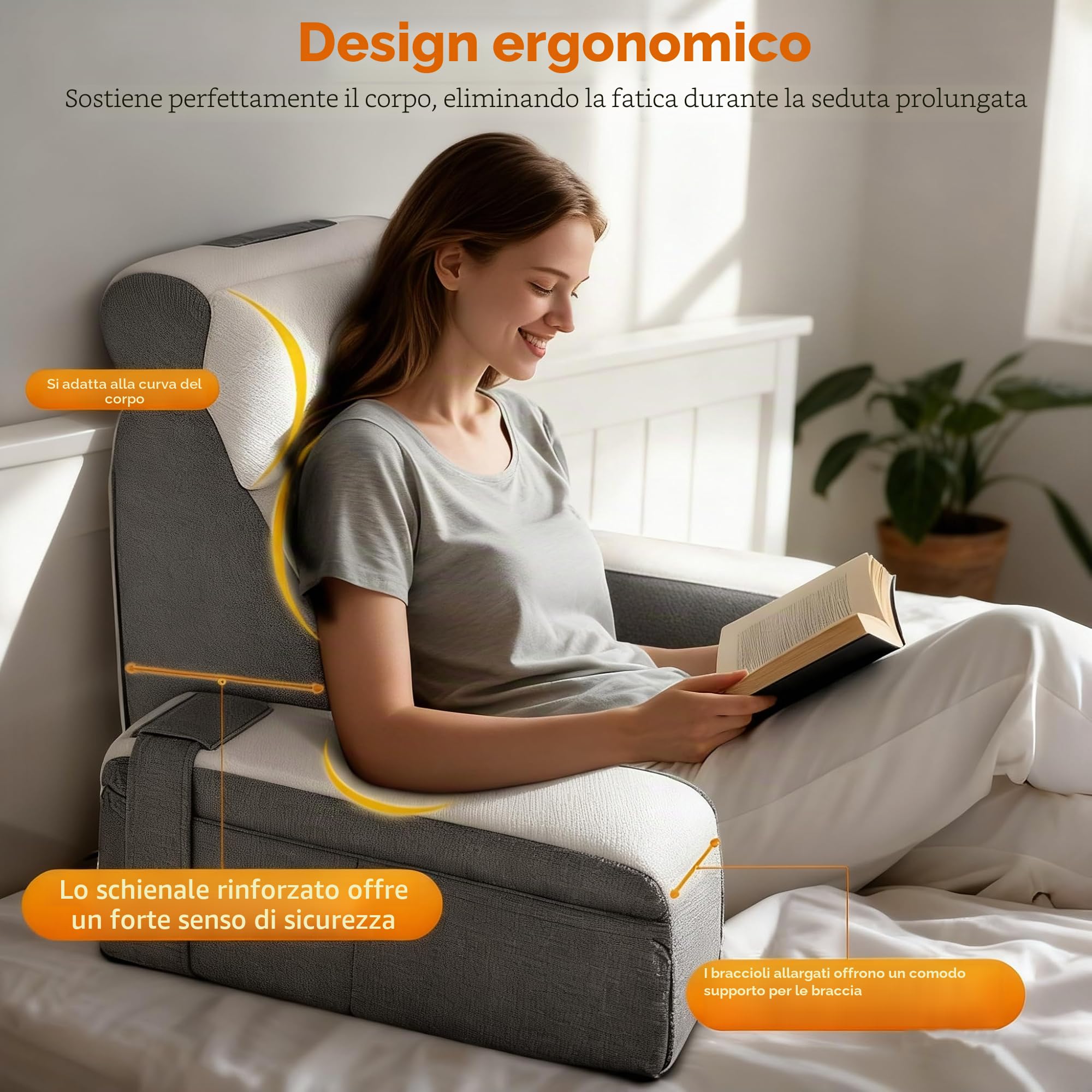 Grande cuscino da lettura con cuscino cervicale rimovibile e bracciolo, cuscino per schienale, cuscino ergonomico per schienale con braccio e tasca e fodera lavabile per cuscino da lettura per la