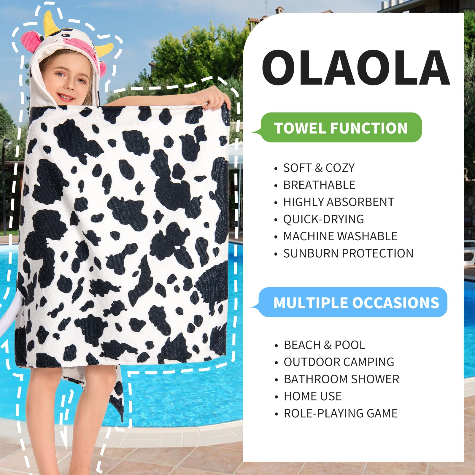 OLAOLA Toalla de Baño con Capucha para Niños, Toallas de Playa Microfibra Suave para Nadar Surfear, Poncho de Baño para Niños y Niñas de 3 a 12 Años (Vaca)