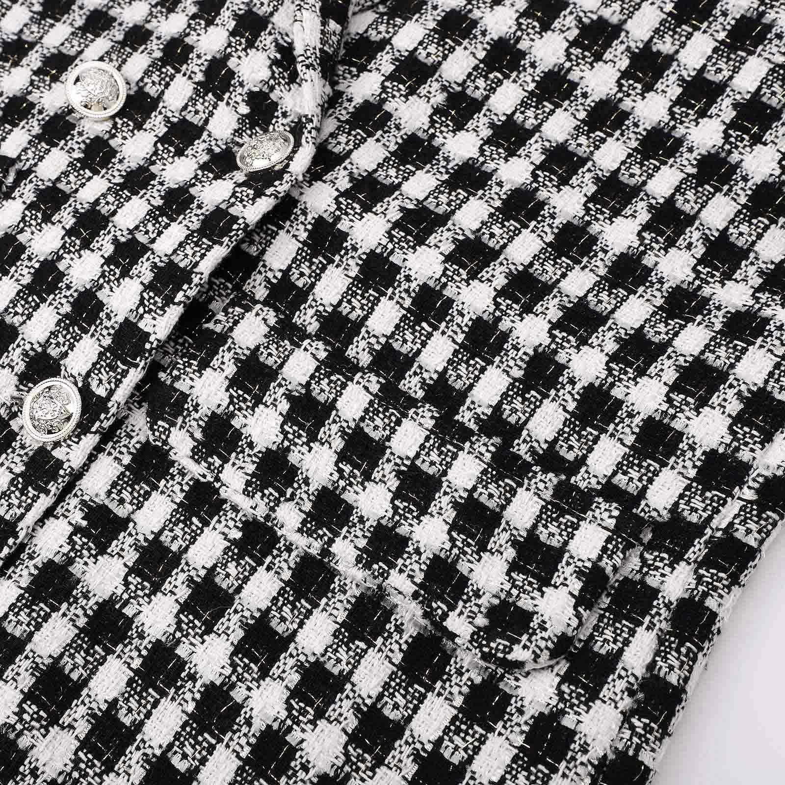Blazer Mujer Tweed de Cuadros, Americana de Manga Larga con Doble Botonadura y Solapa, Chaqueta de Traje Vintage para Trabajo, Oficina y Otoño