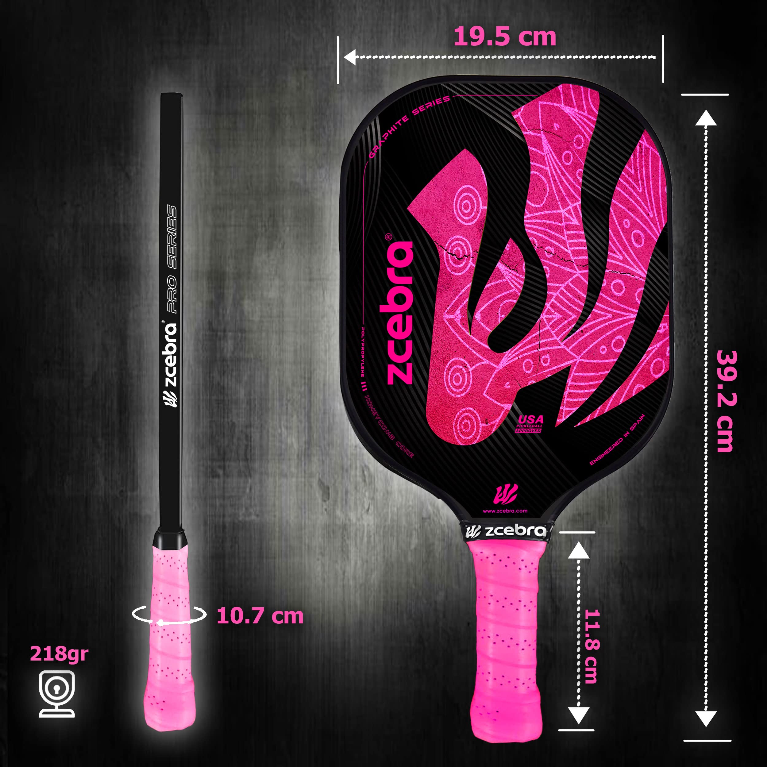 Pelle de Pickleball Graphite - Raquette Fibre de Carbone Core Panneau Abeille Polypropylène - Set Housse Néoprène Pink Edition