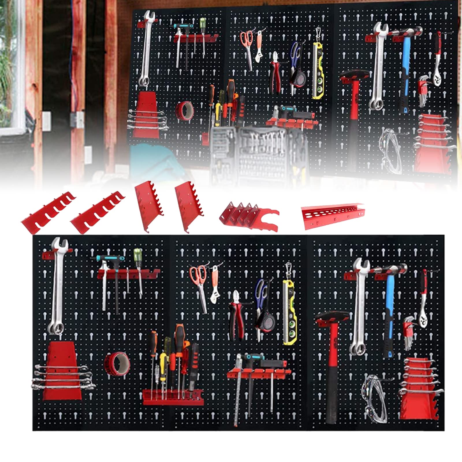 LARS360 Pared de herramientas de tres piezas, chapa perforada de metal, juego de 17 ganchos, tamaño 120 x 60 x 2 cm, pared perforada para taller (1 juego)