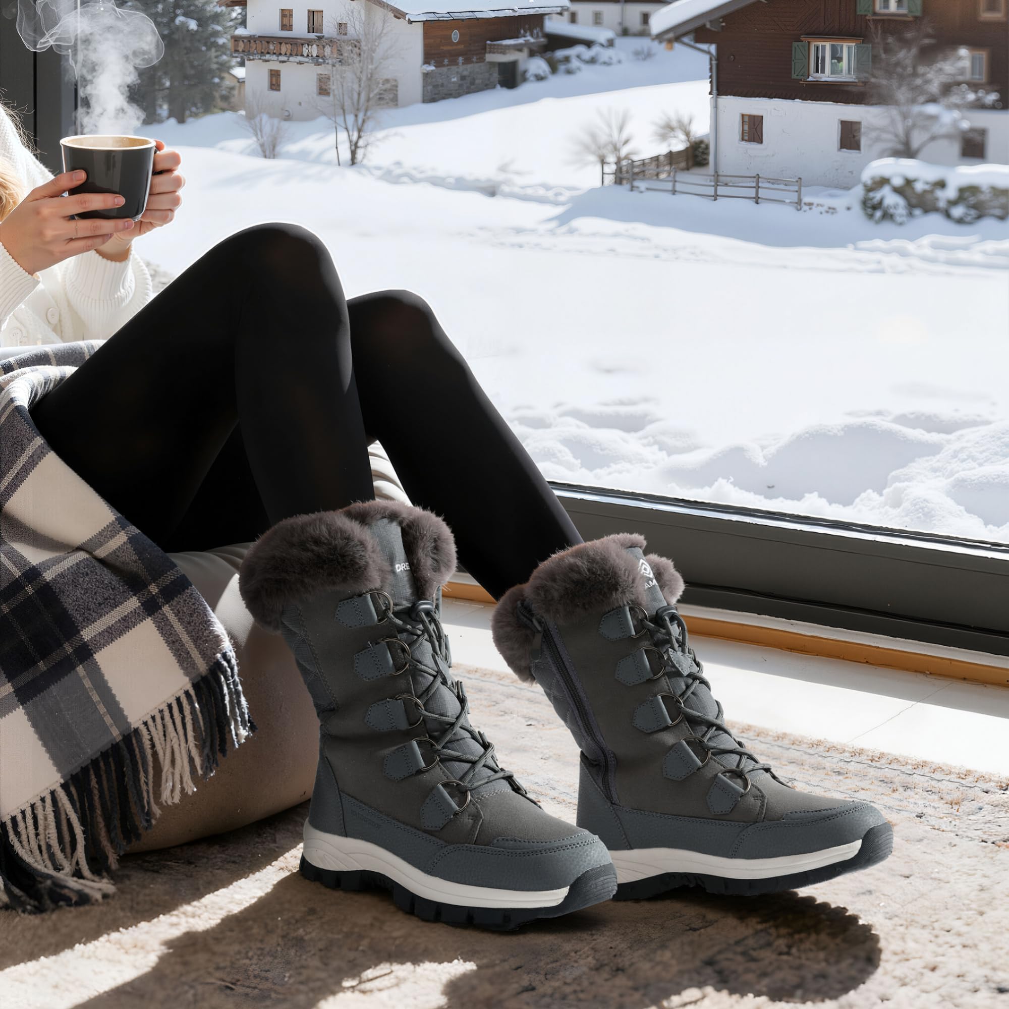 DREAM PAIRS Women's Waterproof Winter Snow Boots, Warm Comfortable Faux Fur Insulated Non-Slip Outdoor Lace-Up Florin Mid Calf Booties: 6 Dark/Grey