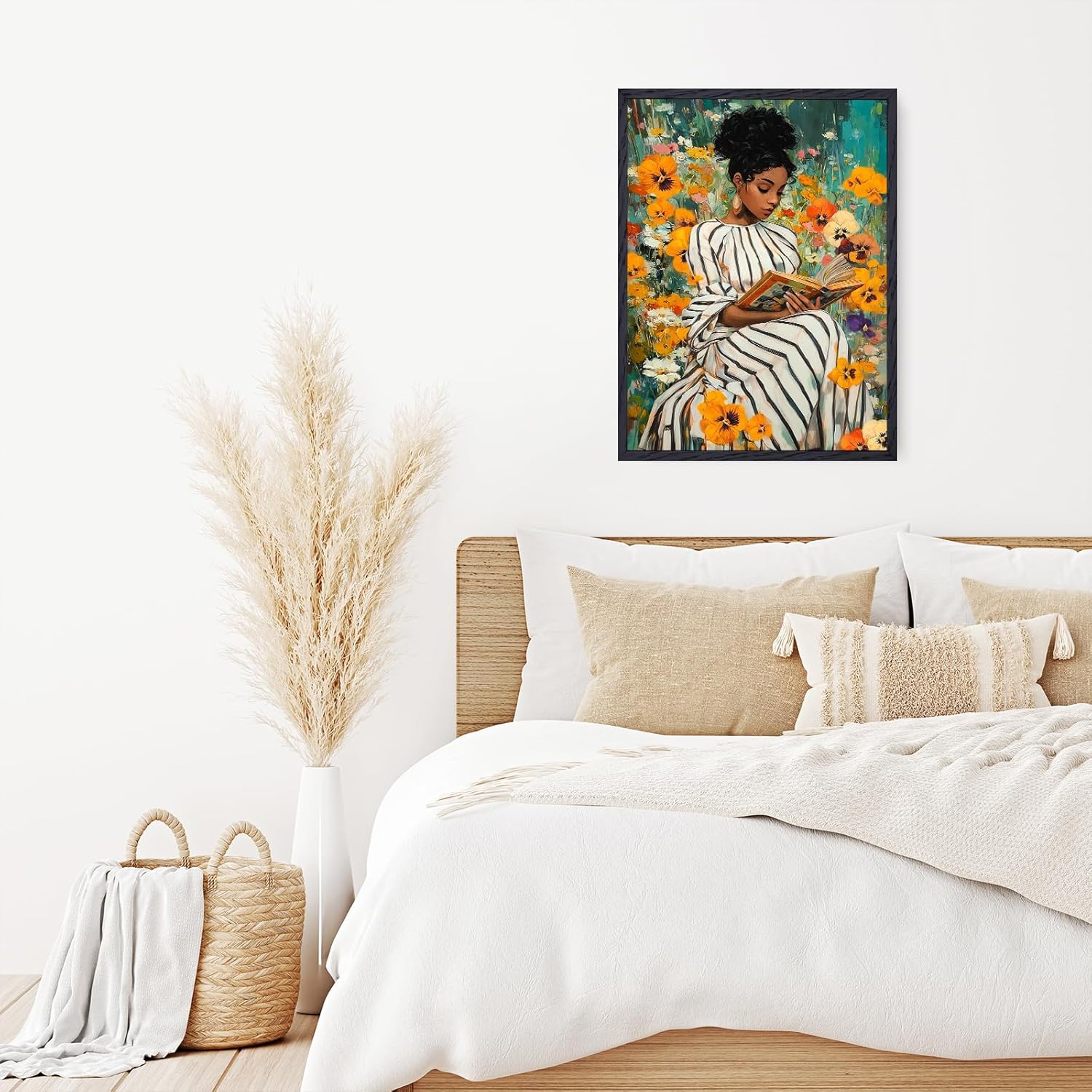 TavoIinda African American Woman Reading in Flower Garden Framed Canvas Wall Art - Botanical Literary Canvas Print on Wood Frame, Inspiring Library & Bedroom Home Decor