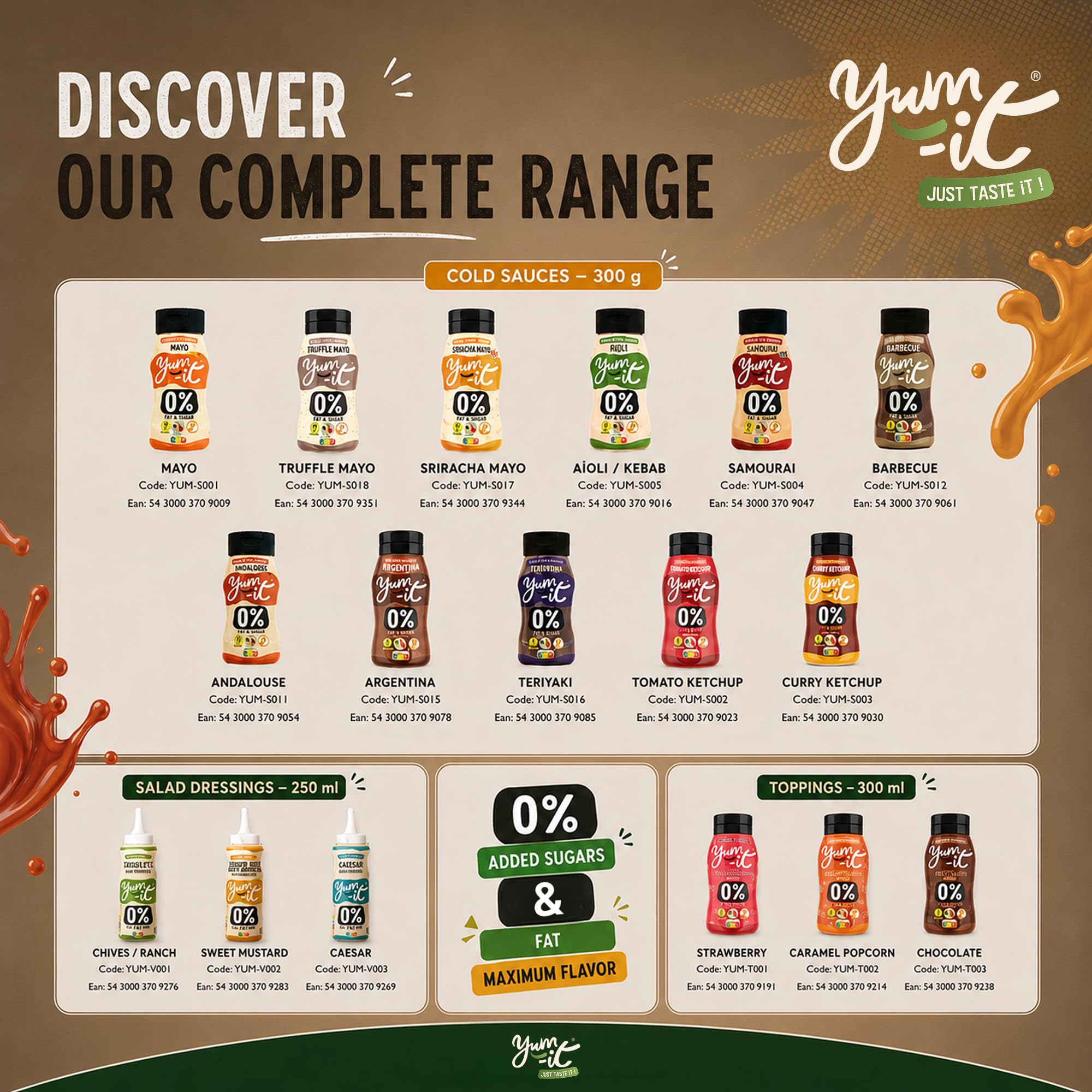 Yum it, lot de 6 sauces: Mayo, Burger, Aïoli, Barbecue, Algérienne et Mayo Truffe, 6 x 300g, 0% de matières grasses, 0g de Sucre, cétogène, végétaliennes, sans gluten, halal et fabriquées en Belgique