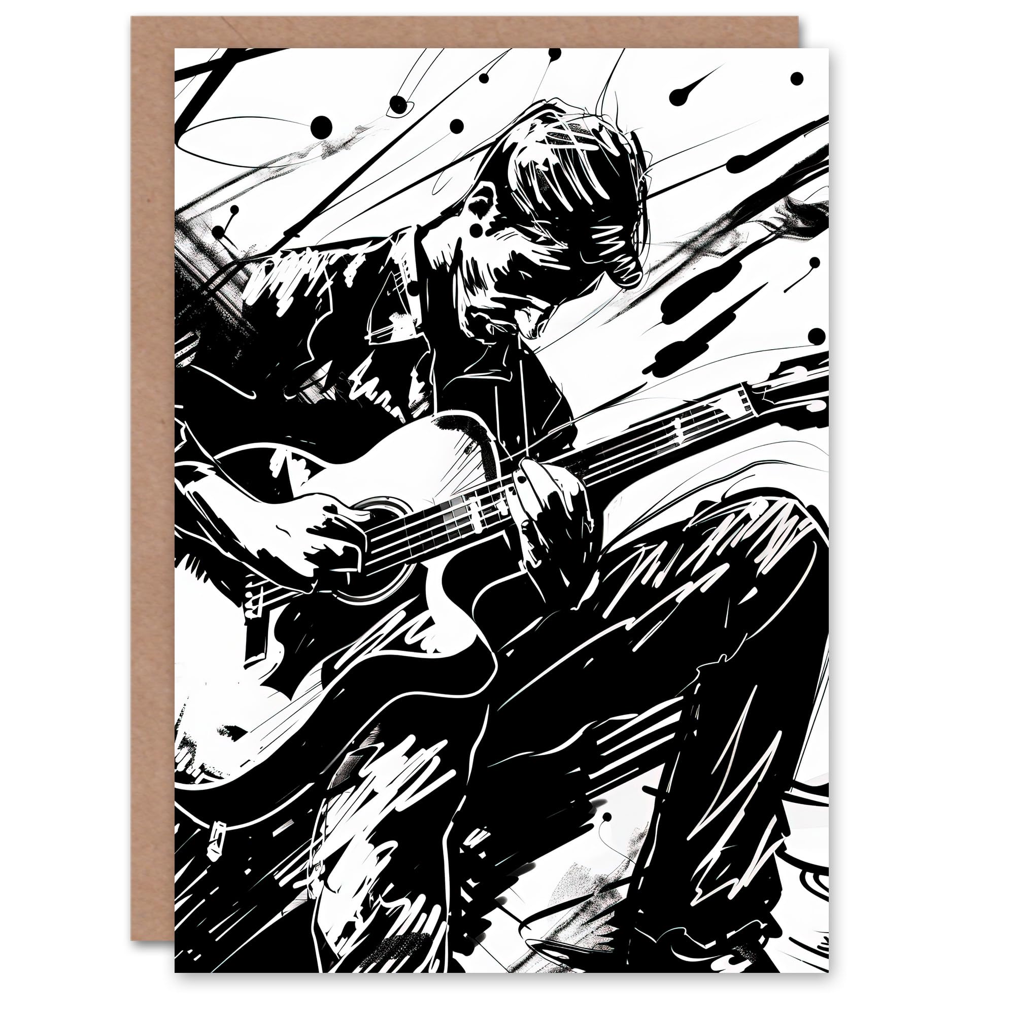 Artery8 Guitarist Playing Guitar Black White Ink Drawing Greeting Birthday Card Him Her All Blank