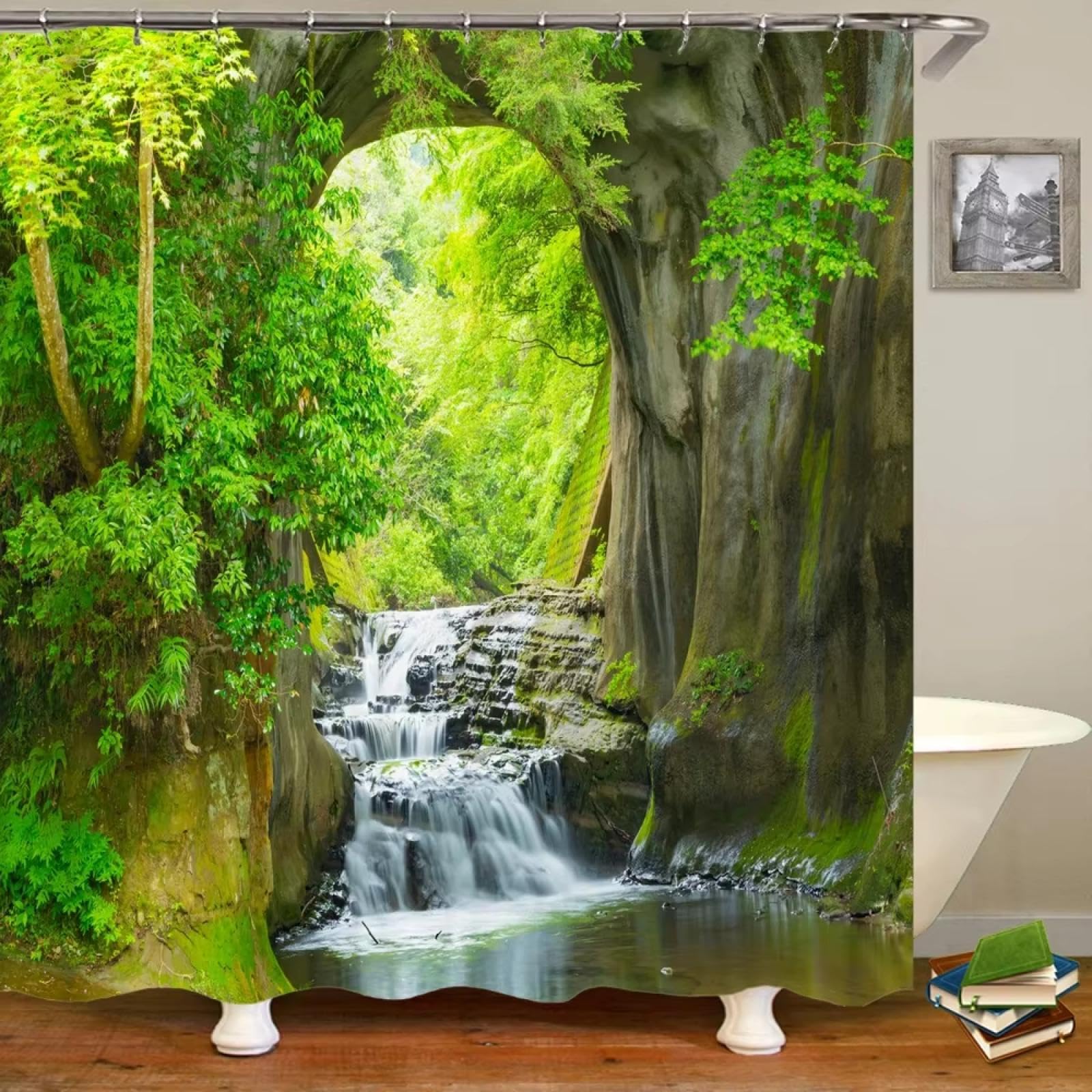 Rideau de douche étanche pour stopper les éclaboussures avec motif cascade 3D