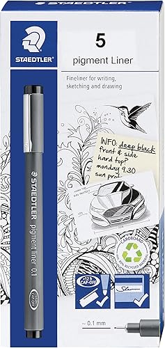 STAEDTLER Delineador de pigmentos, bolígrafo fino para dibujo, diario, 0.004 in, negro, caja de 5 bolígrafos, 308 01-9M