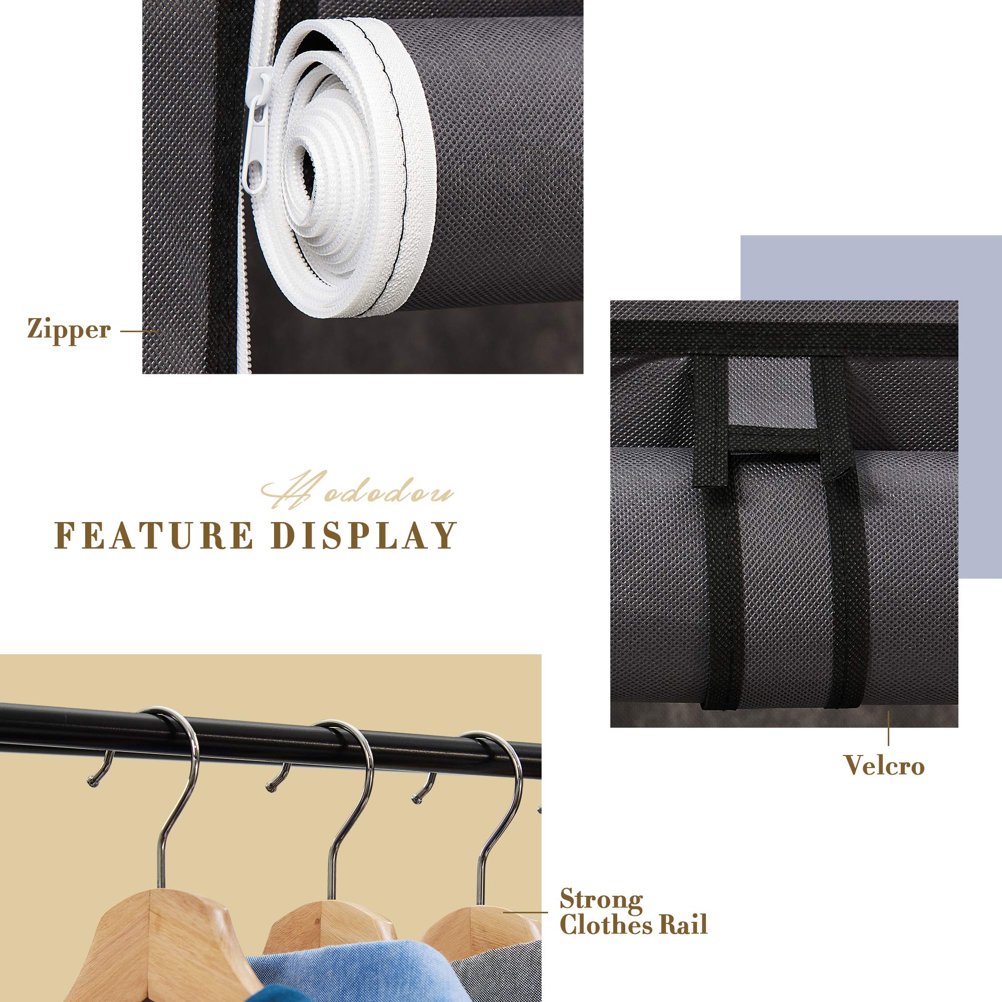Hododou Tragbarer Kleiderschrank, groß, Segeltuch, 175 x 150 x 45 cm, Grau | Kleideraufbewahrungs-Organizer mit 2 Kleiderstangen, faltbarer Schrank für Wohnzimmer, Schlafzimmer