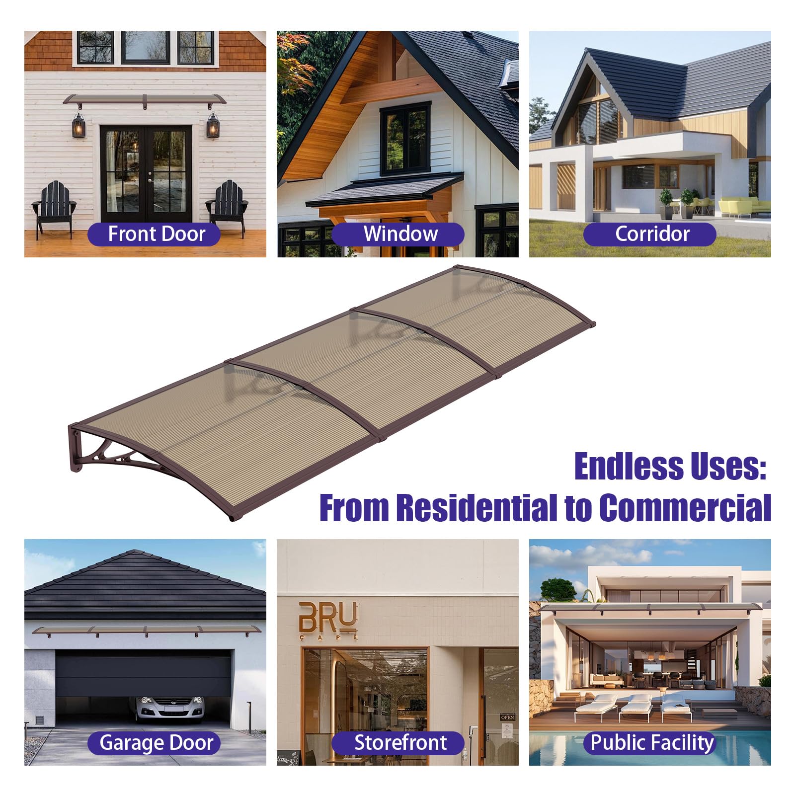 Vordach für Haustür 150 × 400 cm, Überdachung mit ABS-Halterungen, Vordach Regen-, Schnee- und UV-Schutz – Vielseitig für Eingang, Fenster & Terrasse