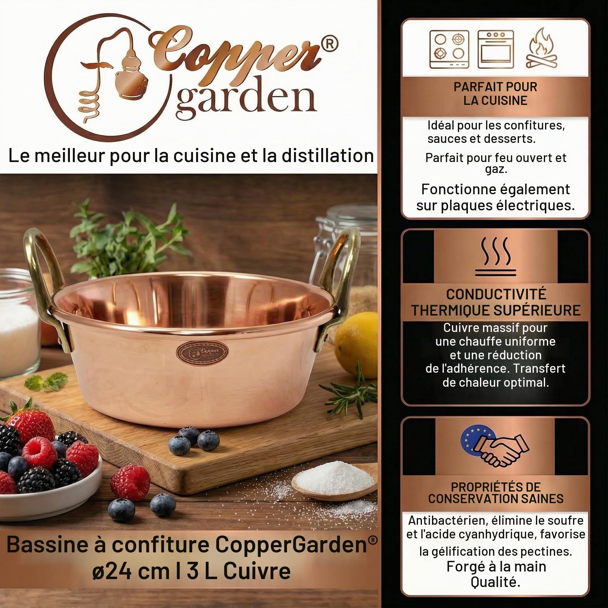Bassine à confiture 26 cm en cuivre masssif
