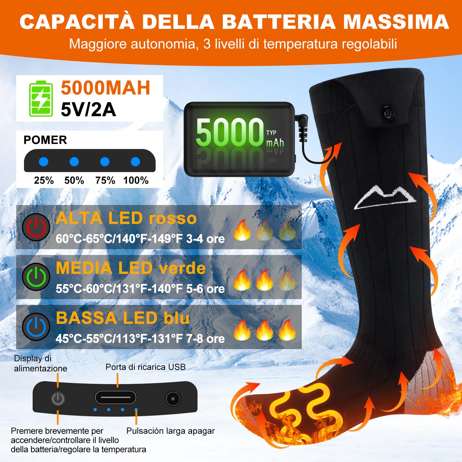 seenlast Calze Riscaldate a Batteria, 2×5000mAh Calzini Riscaldati Ricaricabili per Uomo Donna,Calzini Elettrici Riscaldanti con 3 Livelli Temperatura,Lavabile Calze Scaldapiedi per Sci Ciclismo Corsa