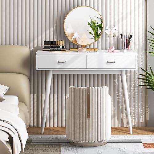 Miniatura 4 de Tangkula Escritorio de mediados de siglo con 2 cajones, moderno escritorio de estudio con patas de madera de goma maciza, escritorio para