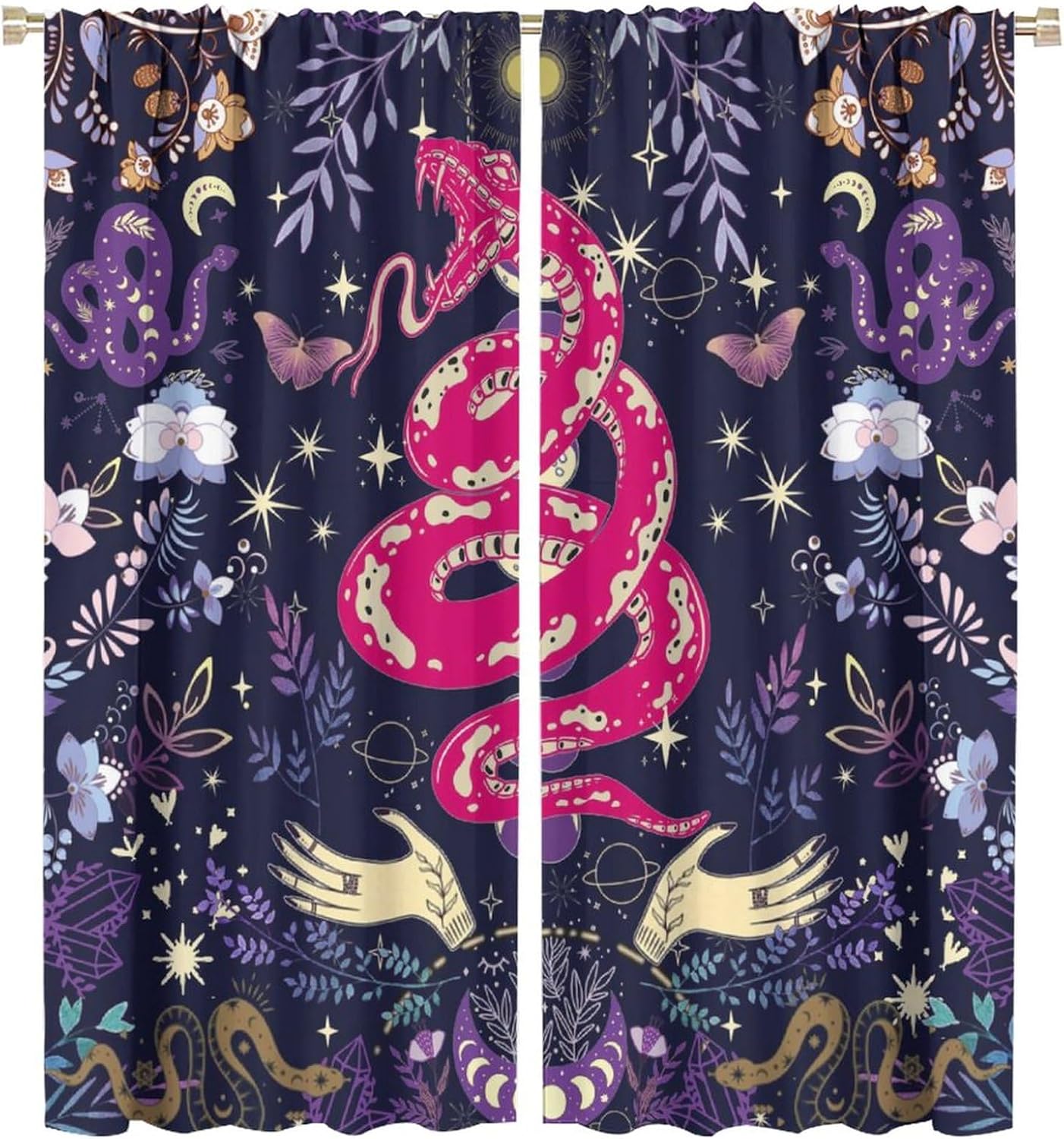 Cool Gothic Wildlife Snake Blackout Curtains for Bedroom, Fantasy Galaxy Boho Indian Forest Floral Leaves Snake Rod Pocket Thermal Darkening Curtains Bedroom Curtains 2 Panels 63" L x 27.5" W