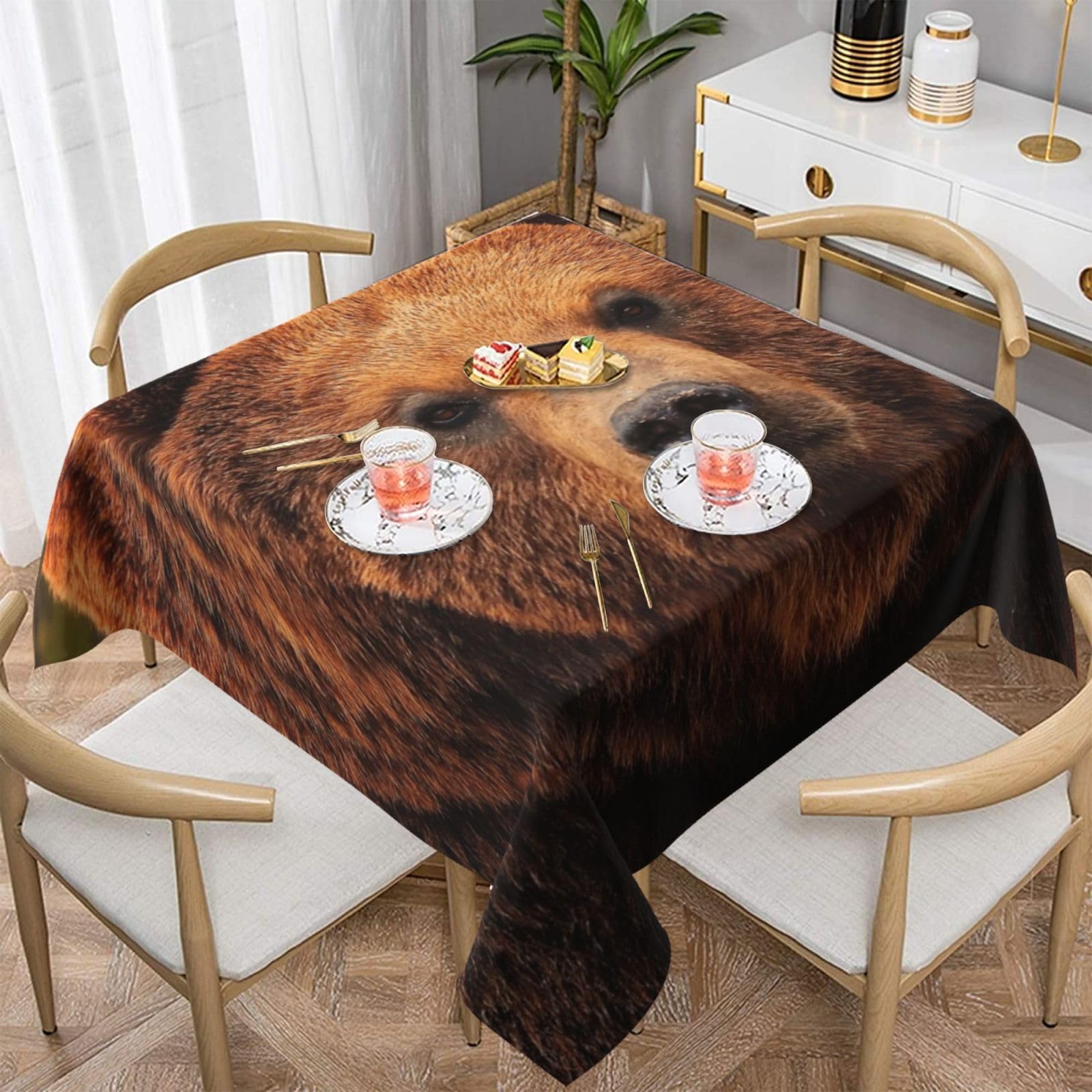 DCEHGEW Grizzly Bear Prints Square Tablecloth 137x137 CM, Waterproof Fabric Table Cloth for Dining Table, Farmhouse Table Cover for Kitchen Dining Tabletop Decoration