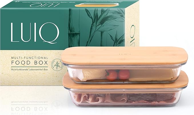 WEMOO Aufschnittboxen 2er Set Glas & Akazienholz - Stapelbar