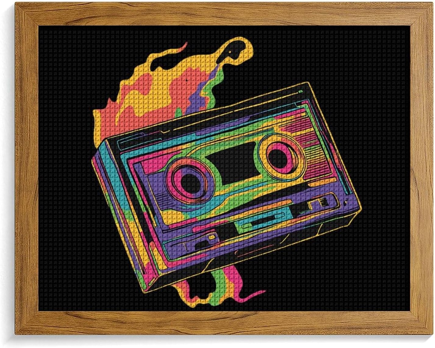 Colorful Cassette Tape Printed Diamond 5D Painting Kits DIY Full Drill Crafts for Home Wall Decor 16x20 Inch Yellow Wood 50 * 40cm