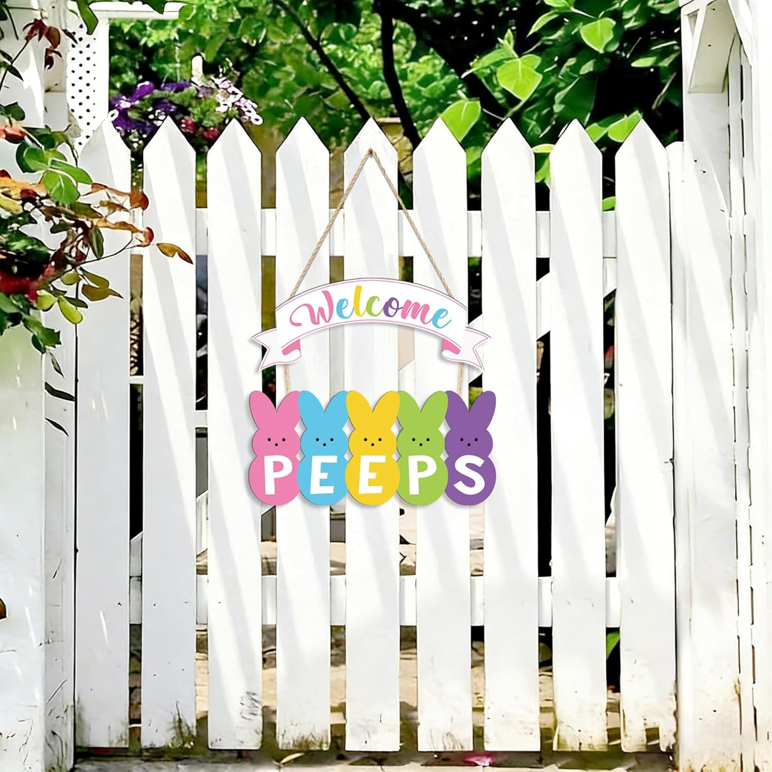 Easter Wooden Door Wreath for Front Door Sign Welcome Peeps Wood Hanging Sign Decorations Cute Bunny Rabbit Welcome Doors Hanger for Spring Easter Home Farmhouse Party Indoor Outdoor Porch Wall Decor - Image 6