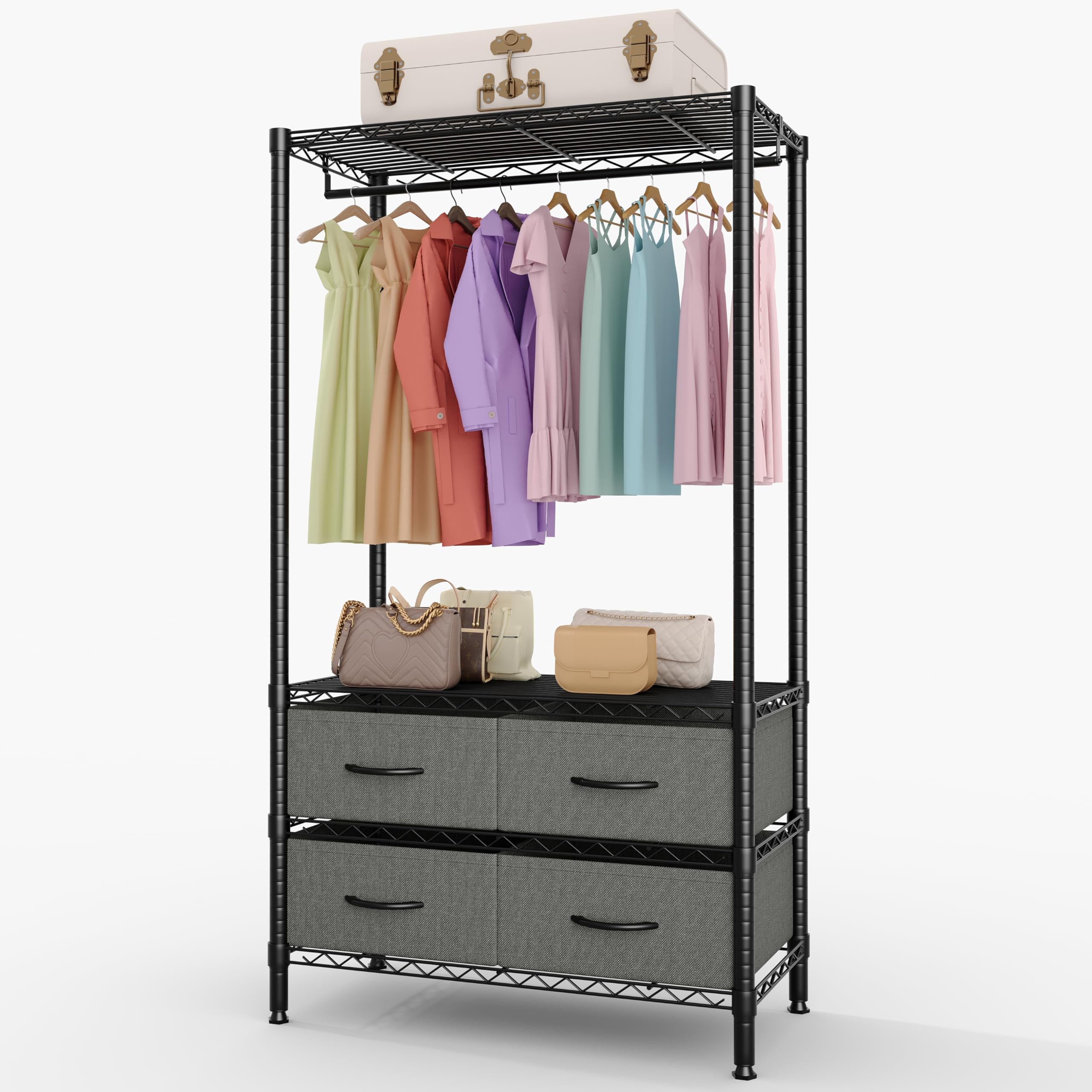 Heavy Duty Clothing Racks with 4 Drawers,Load 682Lbs Clothing Rack for Hanging Clothes Portable Closet Garment Rack for Bedroom, Basement, Extra Space