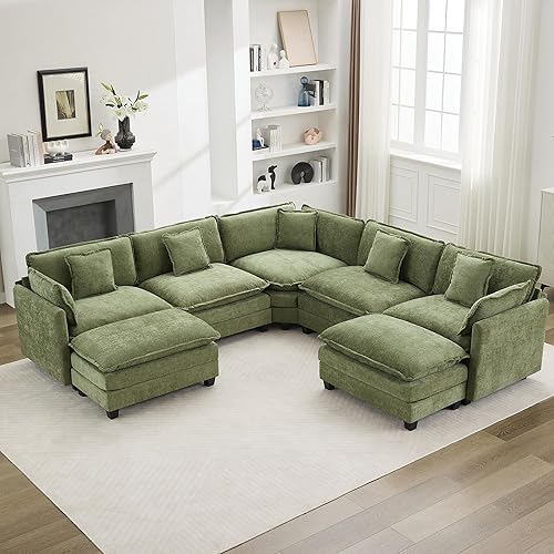 Miniatura 34 de Sofá seccional de 111'' con asiento profundo tipo nube, sofá seccional moderno y cómodo de chenilla en forma de L para juego de sala de estar, sofá