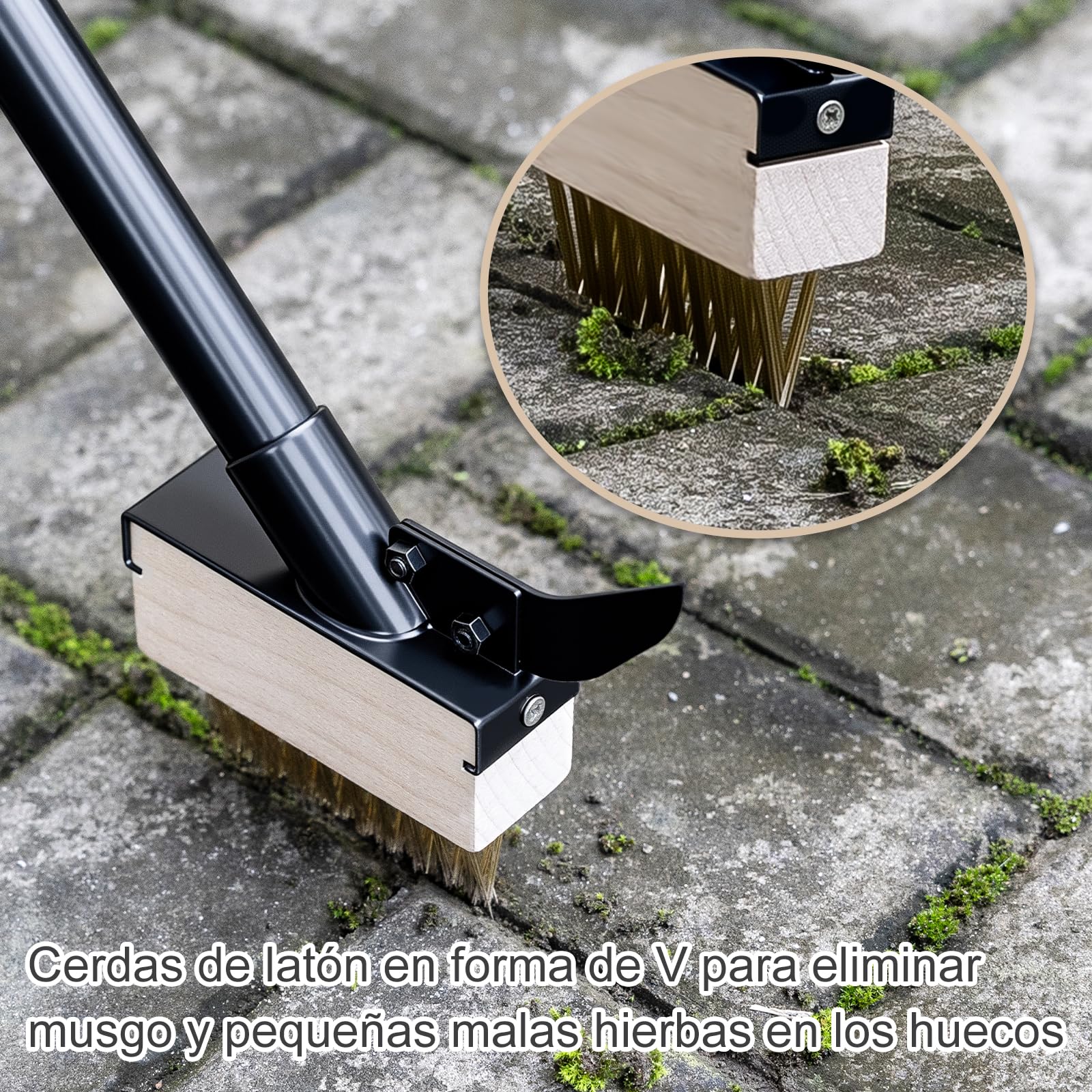 Mitclear Cepillo para Limpiar Malas Hierbas con Mango Largo(128cm), Herramienta Jardinería con Cepillo de Alambre & Raspador, Elimina Malezas y Musgo en Juntas Estrechas y Anchas en Jardín(4 Cepillos)
