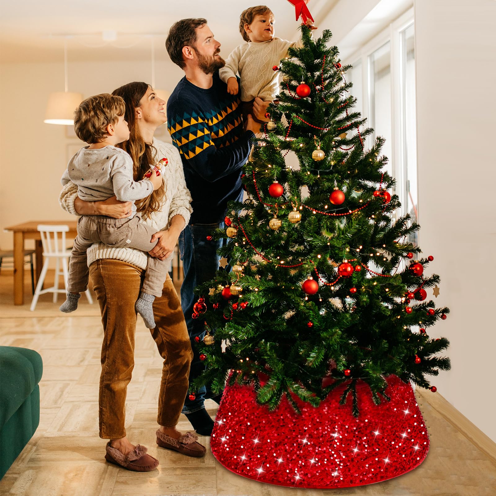 Collare per Albero di Natale, Copri Base Albero di Natale 60x40cm, Gonna per Alberoo di Natalizio Tronco con Paillettes, Christmas Tree Collar-Decorazioni Natalizie Casa (rosso)