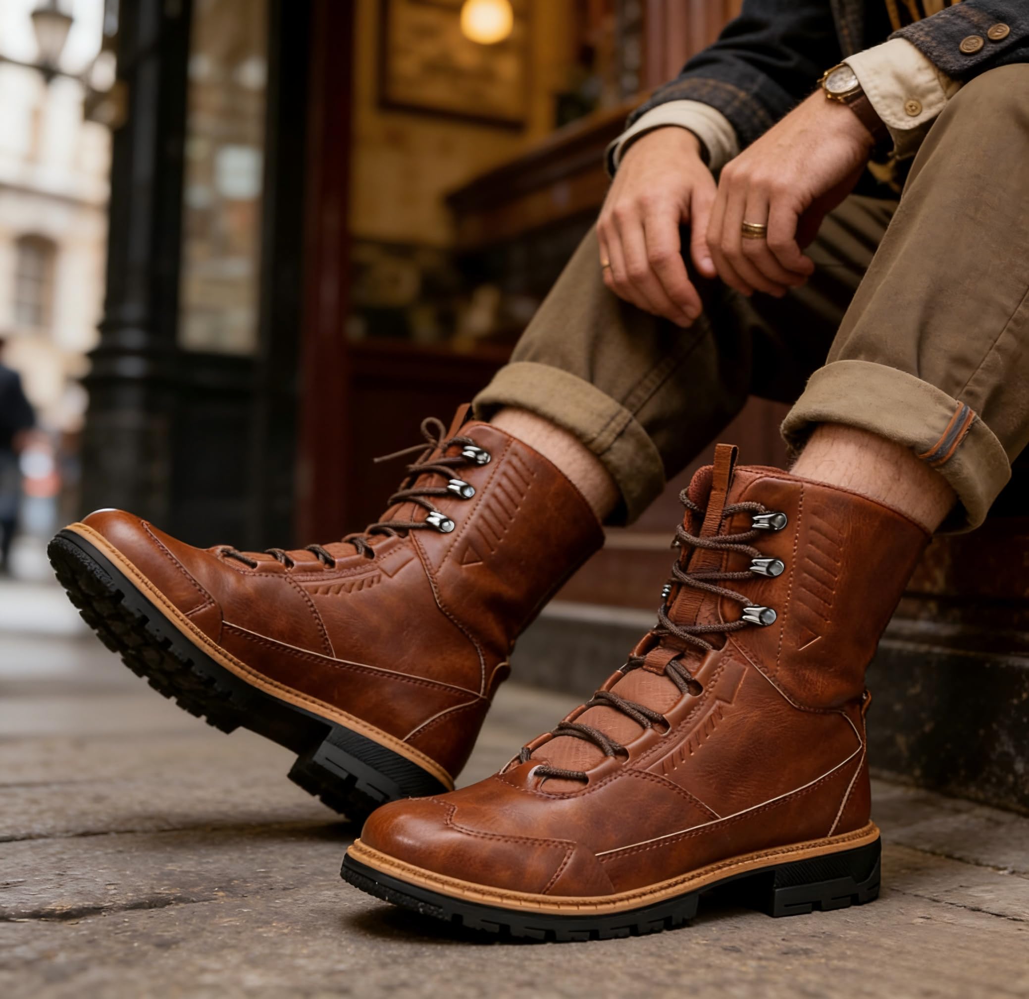 YOUTHUP Bottines homme hautes à lacets style rétro simili cuir | Finition vieillie lacets réglables semelle adhérente coutures renforcées maintien stable pour ville marche et sorties d'hiver
