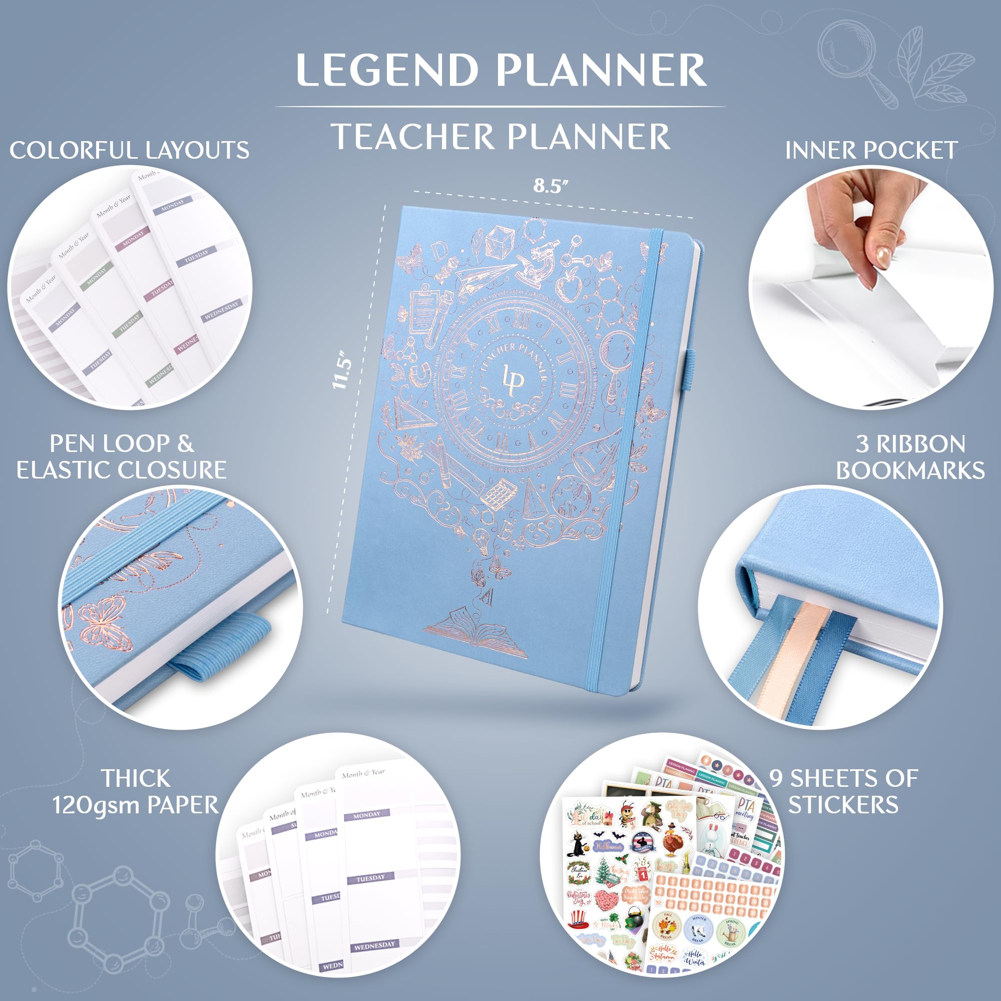 Legend - Planificador para profesores, libro de lecciones sin fecha para profesores con calendarios semanales y mensuales, organización del aula y planificador del año escolar, 21,5 x 28 cm, tapa dura