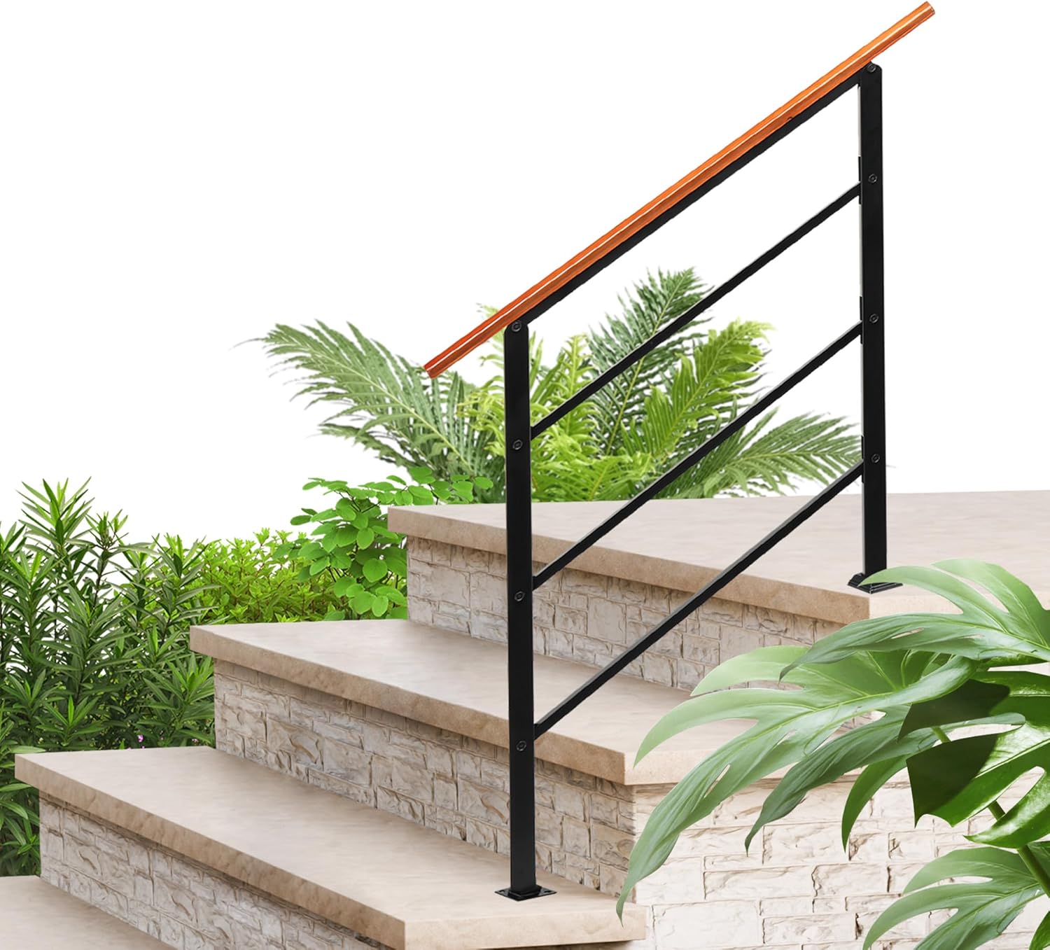 3 Step Handrails for Outdoor Steps, Wrought Iron Stair Railing, Metal Hand Railing with Installation Kit, Staircase Wooden Handrails for Concrete, Porch, Deck, Exterior Steps, Black