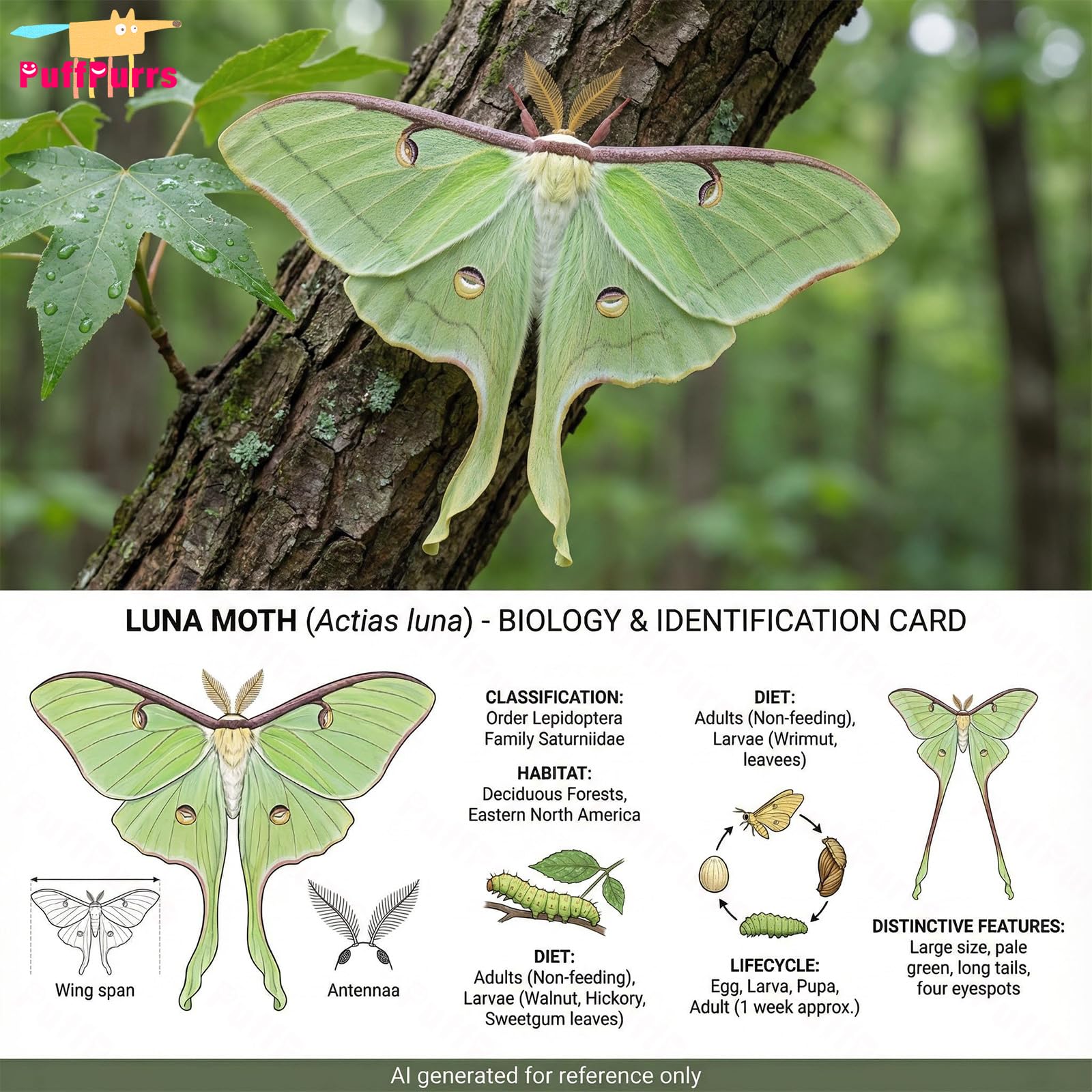 PuffPurrs Luna Moth Plush - Lifelike 16in Soft Wing Moth Toy, Realistic Green Insect Plush Gift for Nature Lovers - Image 2