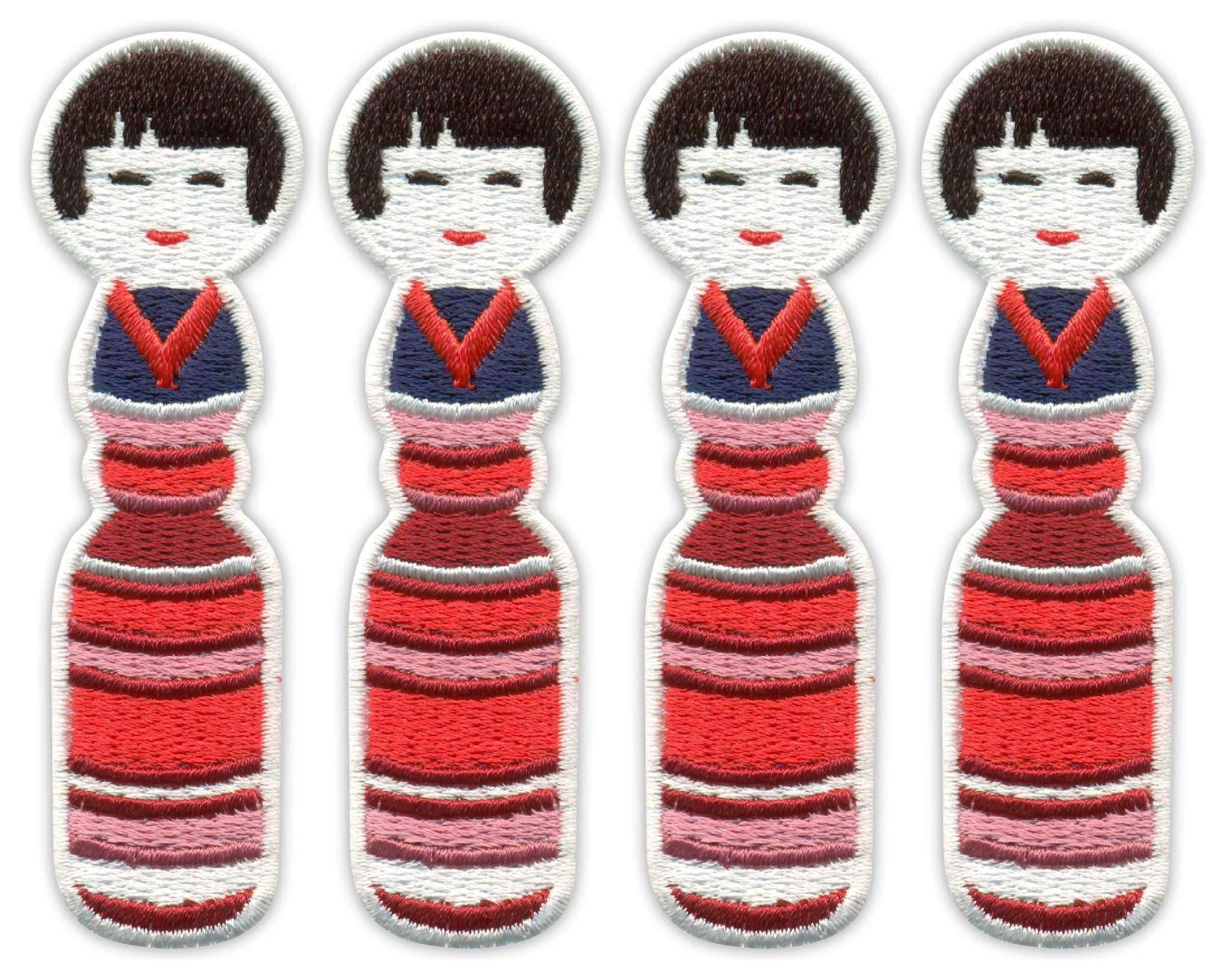 Juego de 4 muñecas japonesas Kokeshi a rayas, alta, parte trasera de sellado termoadhesivo, parche bordado/insignia/emblema