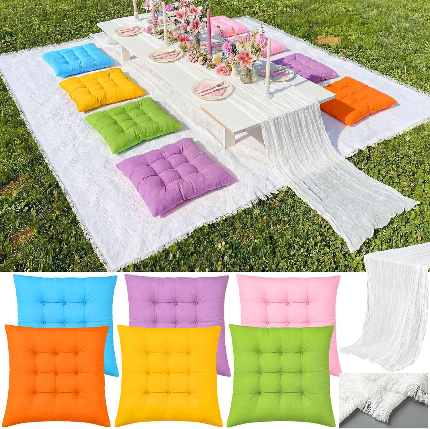 Extra Large Outdoor Picnic Blanket with Table Runner and Floor Pillow Cushion for Picnic Wedding Birthday Baby Shower Backyard Decor(91 x 71'',Pink,8 Pcs)