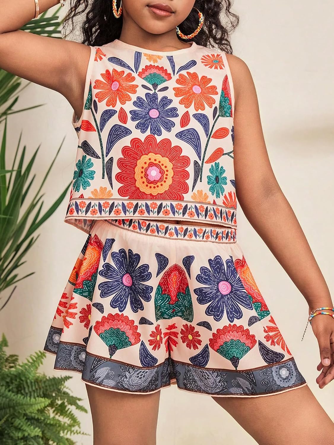 Girl's 2 Piece Outfits Boho Floral Print Crew Neck Tank Top and Wide Leg Shorts Set - Image 3