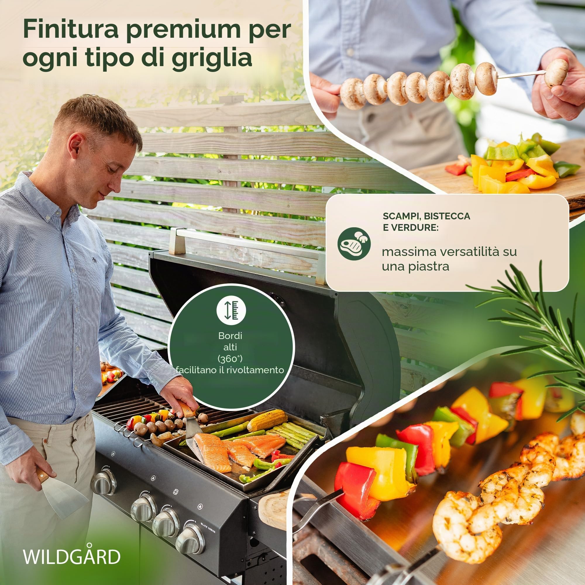 piastra per grigliare plancha in acciaio spesso e inossidabile - 40 x 30 cm - adatta per barbecue a gas e carbonella + 2x spatola per grigliare e 5x spiedini