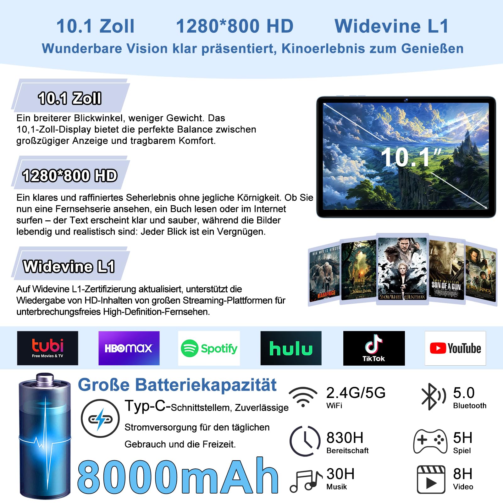 Tablet Android 15 Gemini AI 10,1 pollici,30GB RAM+128GB ROM,Widevine L1,blu | tablet con tastiera, mouse e custodia di protezione,Octa-Core, Wi-Fi 6, 8000mAh, jack audio 3,5 mm, GPS
