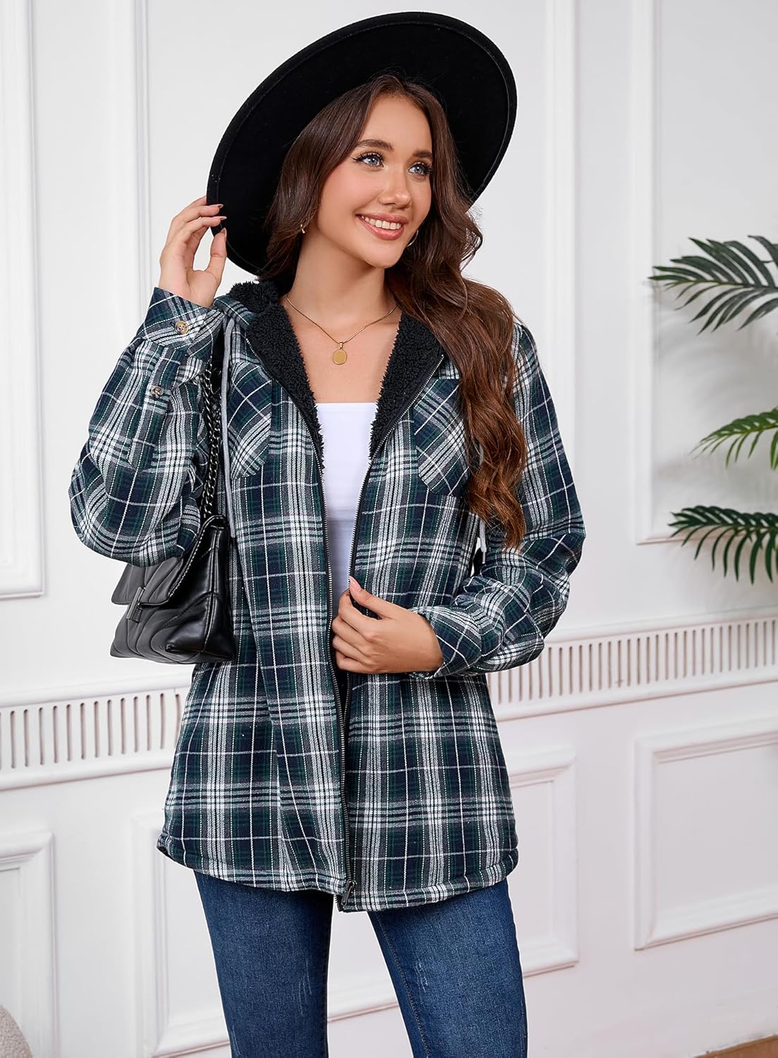 Womens Fleece Lined Jacket Fleece Zip Up Jacket Flannel Plaid shirt jacket Full Zip Hoodies for Women - Image 3