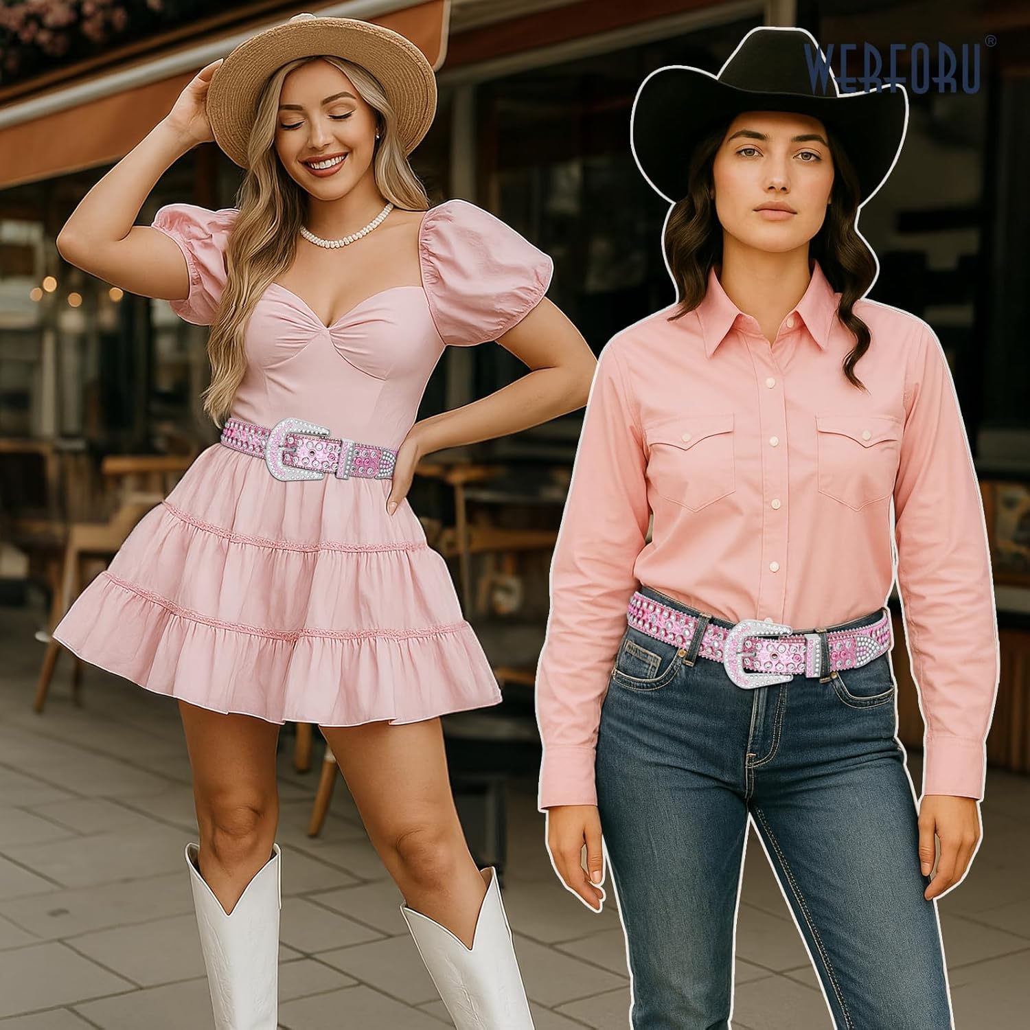 WERFORU Women Men Western Rhinestone Studded Leather Belt Unisex Bling Cowgirl Cowboy Waist Belt for Jeans Pants Dress - Image 2