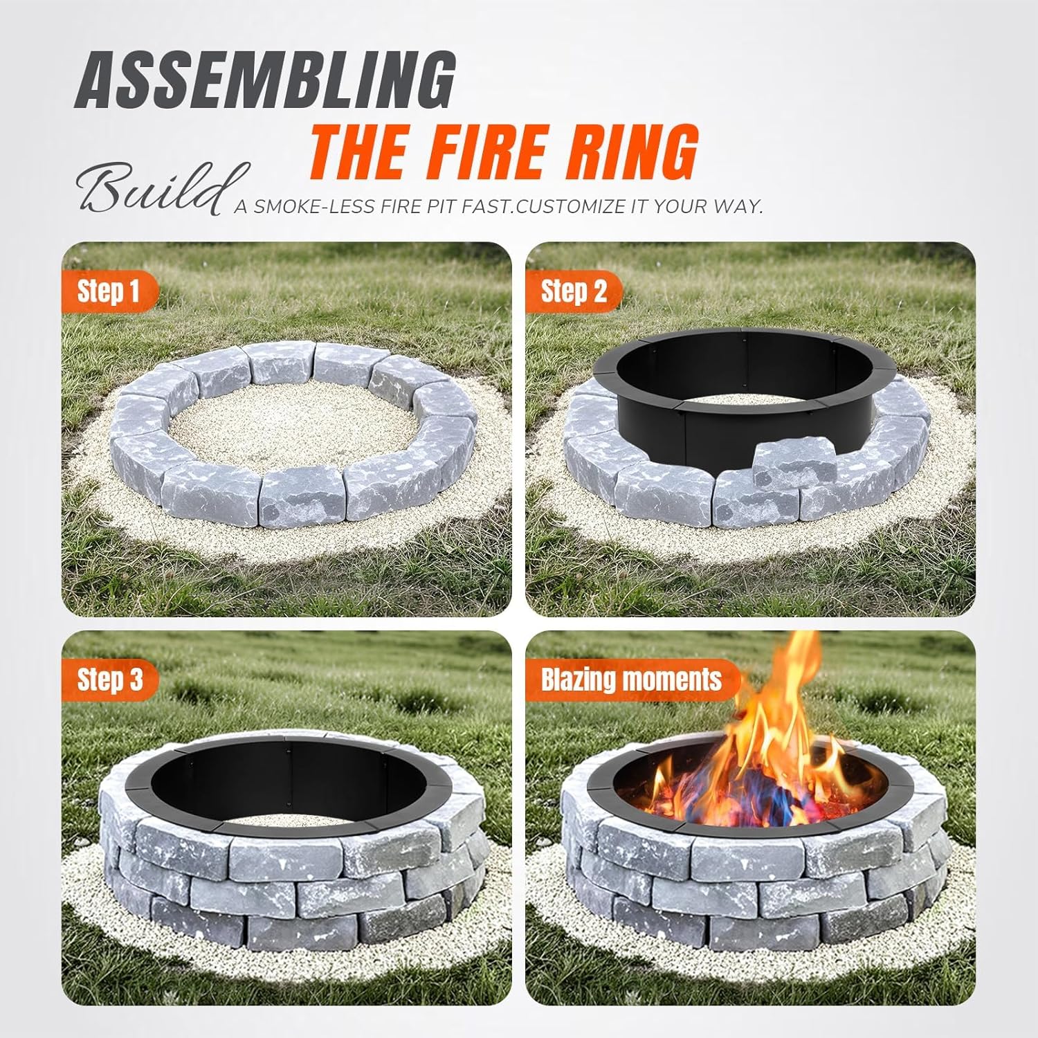 INNOSTAGE 28 Inch Fire Pit Ring (33 Inch Outer), Heavy Duty Steel Fire Ring for Outside, Large Round Fire Pit Insert, DIY Camping Fire Ring, Above or In-Ground, Black Carbon for Backyard Patio Bonfire