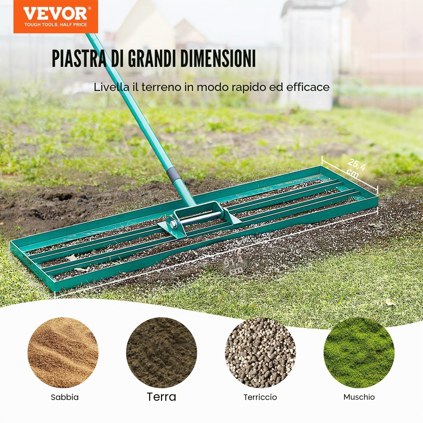 VEVOR Rastrello Livellatore per Prato 914x254 mm Livellatore Manico in Acciaio Piastra di Base da 1981 mm, Rastrello Livellatore per Prato in Lega di Alluminio per Prato Giardino Campo da Golf Erba