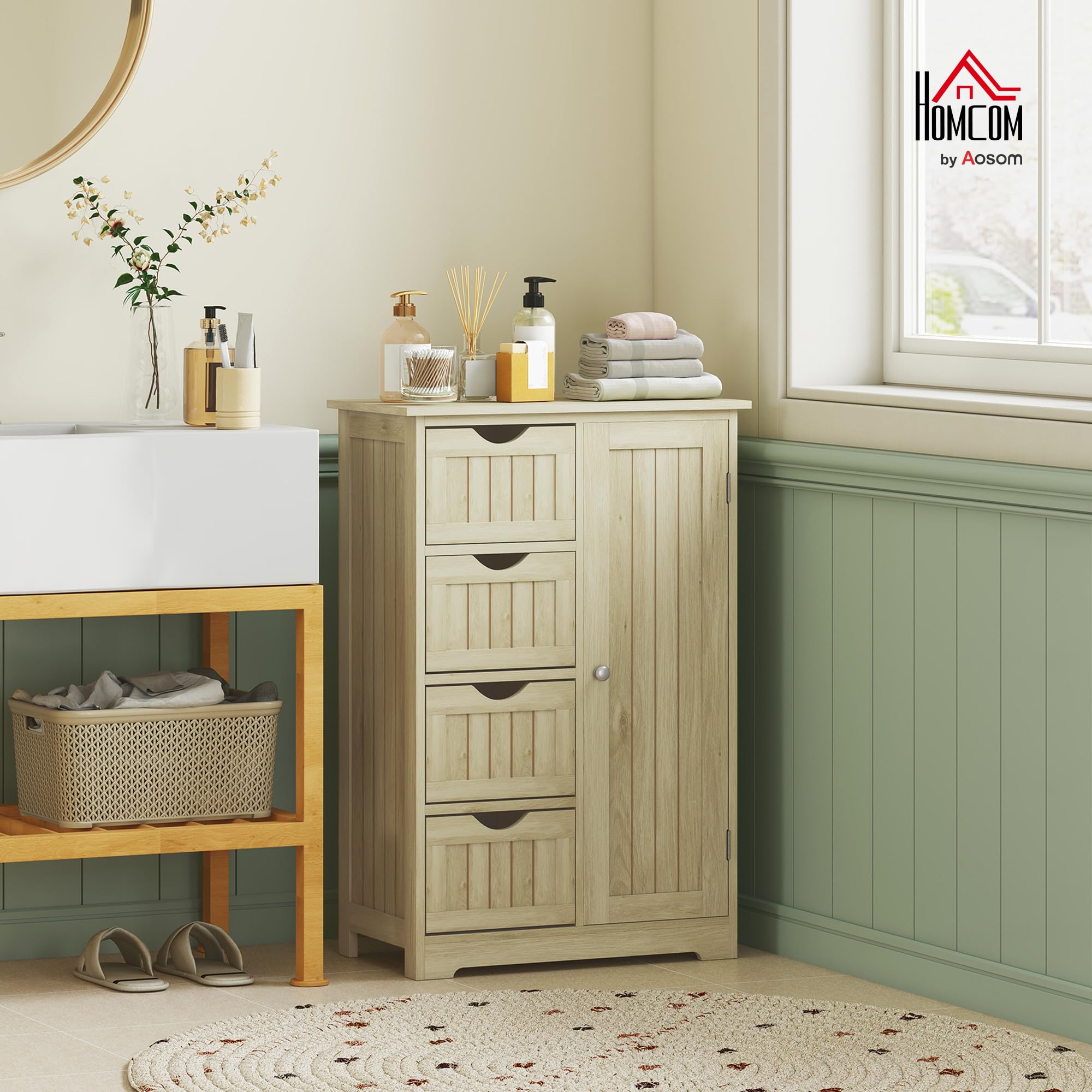 kleankin Armario de Baño Mueble Auxiliar Baño con 4 Cajones 56x30x83 cm | Estante Ajustable, Estilo Moderno, para Espacios Pequeños, Estrecha, Madera Natural